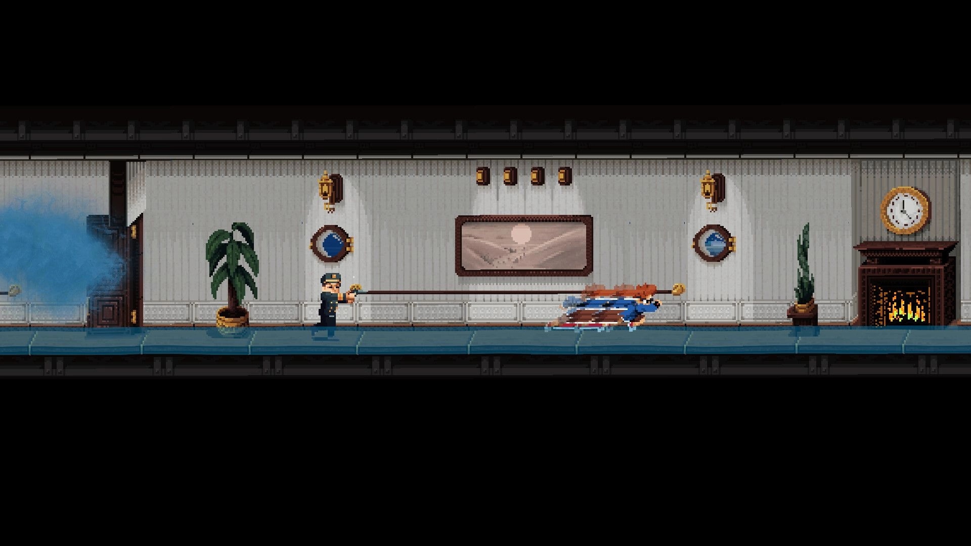 Back In Time: Character runs through a vintage hallway with a guard chasing, past a clock and fireplace