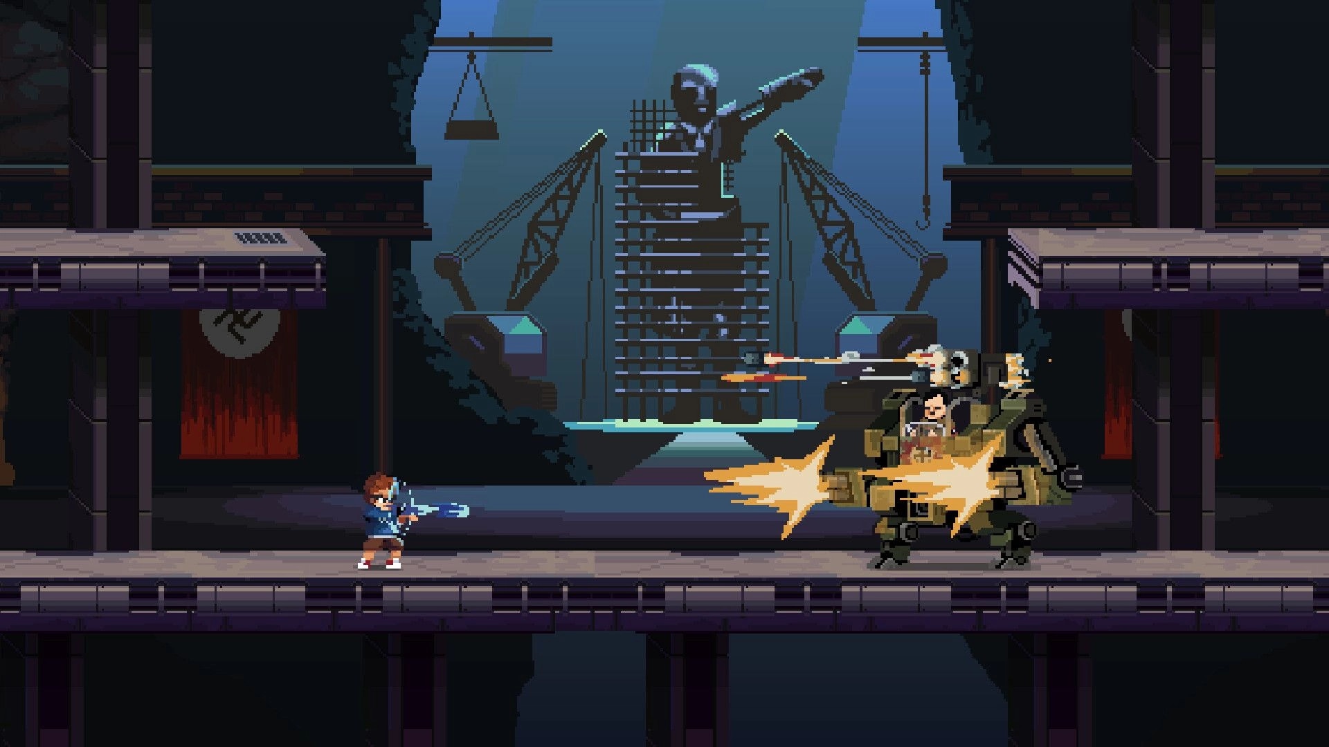 Back In Time: Player character battles a mech in an industrial facility with a looming statue backdrop