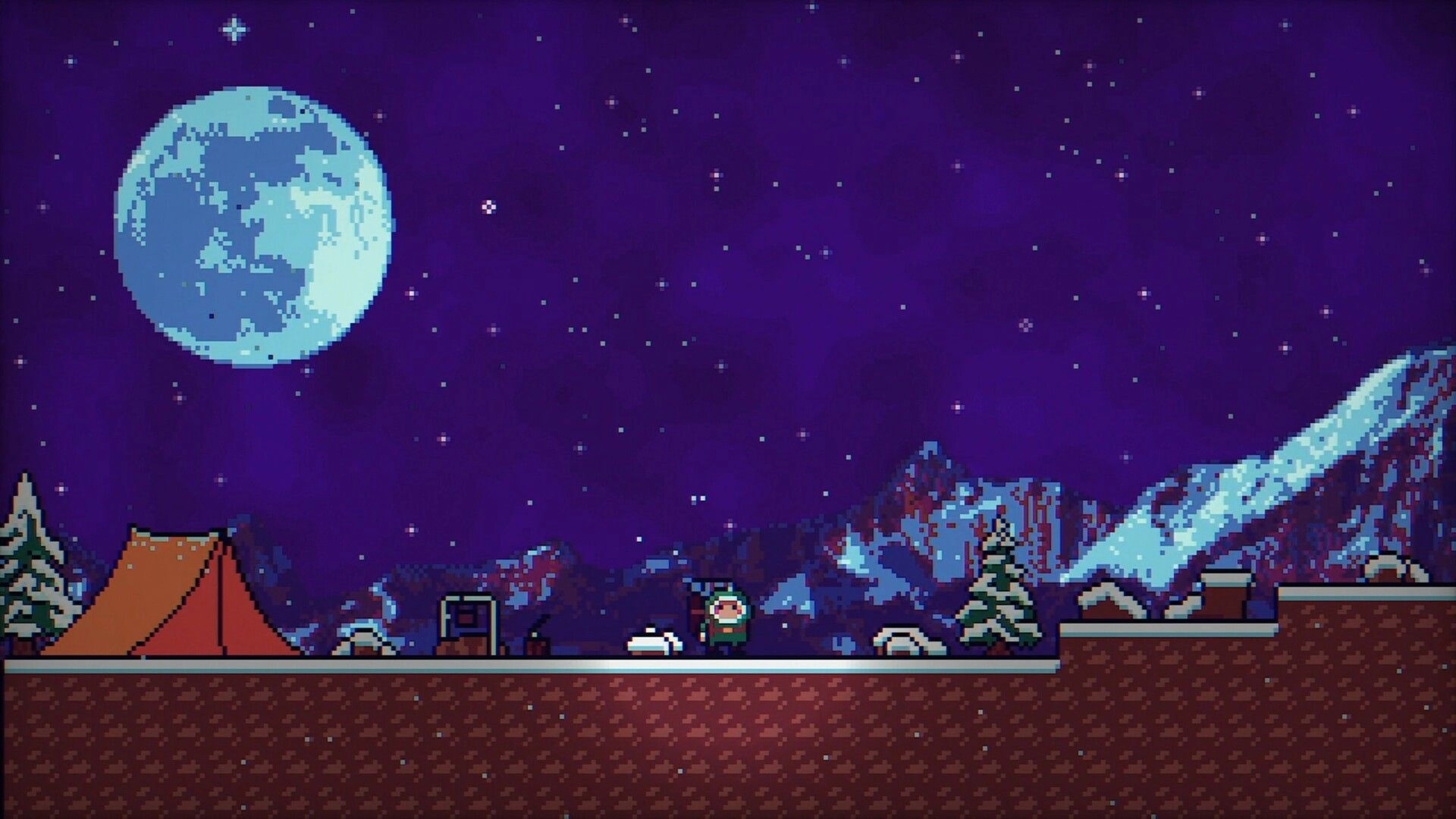 Backpack Boy: Standing near a tent under a starry sky with snowy mountains in the background