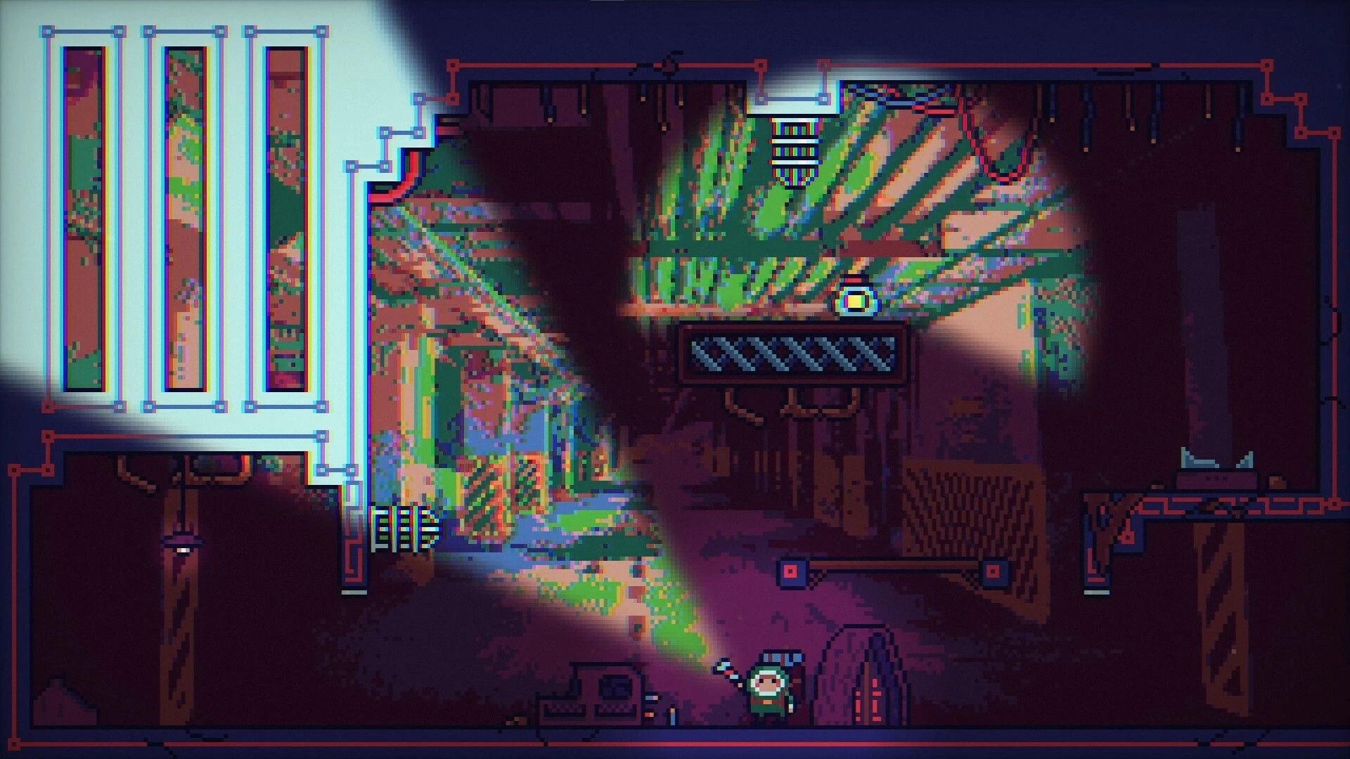 Backpack Boy: Exploring dark room with flashlight revealing colorful patterns and a switch on ceiling