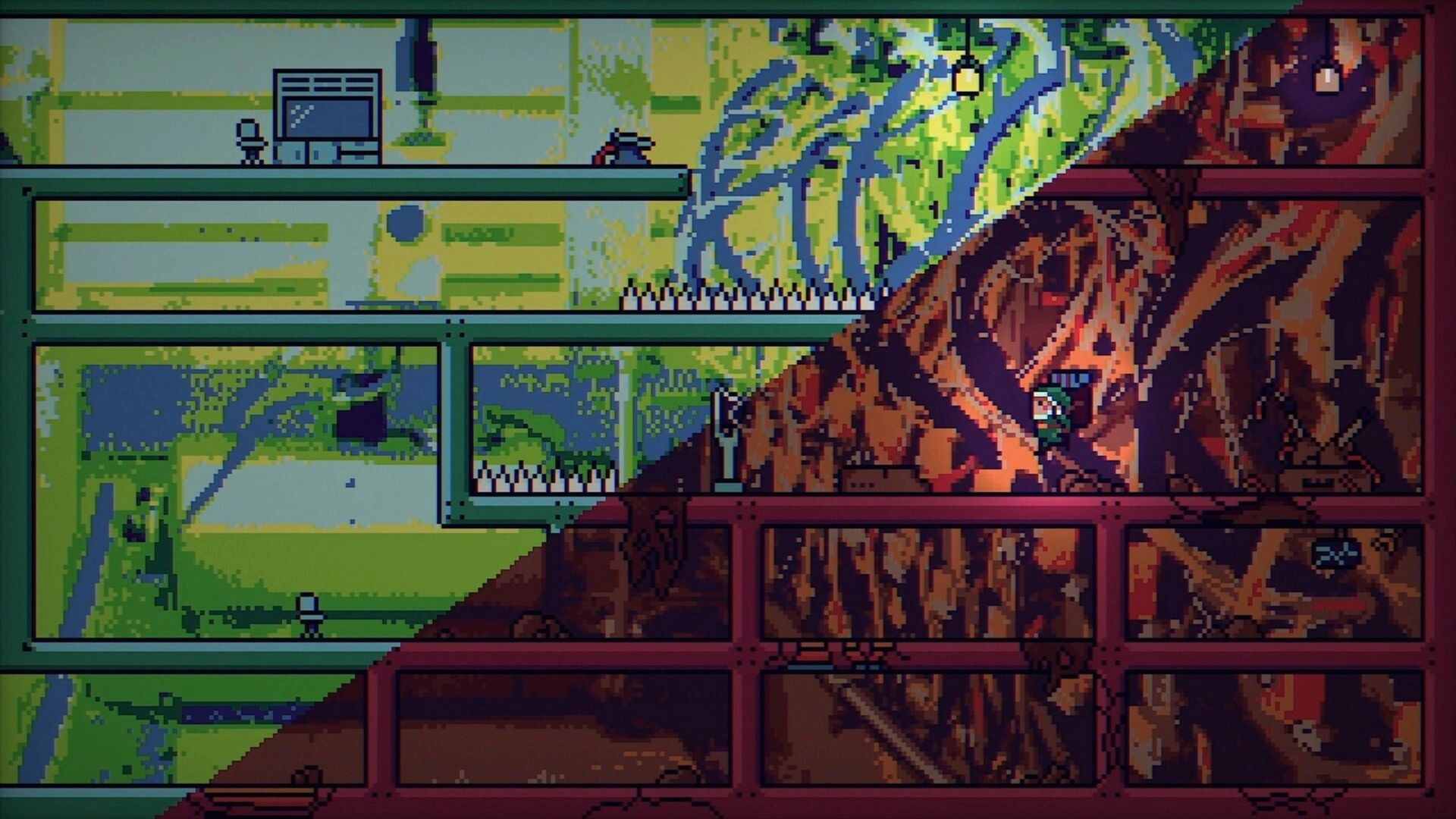 Backpack Boy: Navigates split-screen level with spikes; flashlight reveals hidden path in dark structure