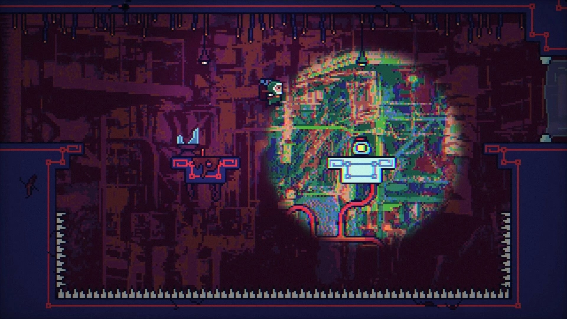 Backpack Boy: Jumping over spikes with flashlight illuminating a colorful puzzle platform in dark structure
