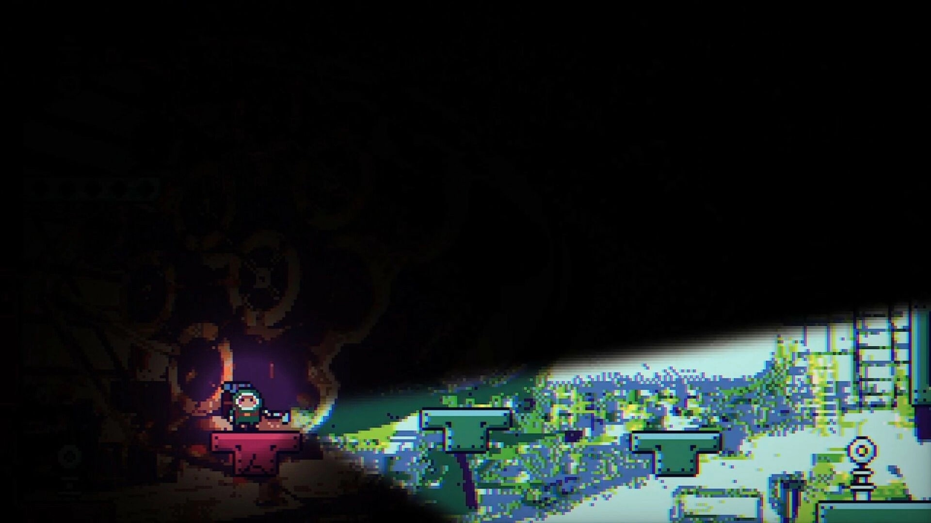 Backpack Boy: Exploring dark room with flashlight revealing platforms in abandoned structure