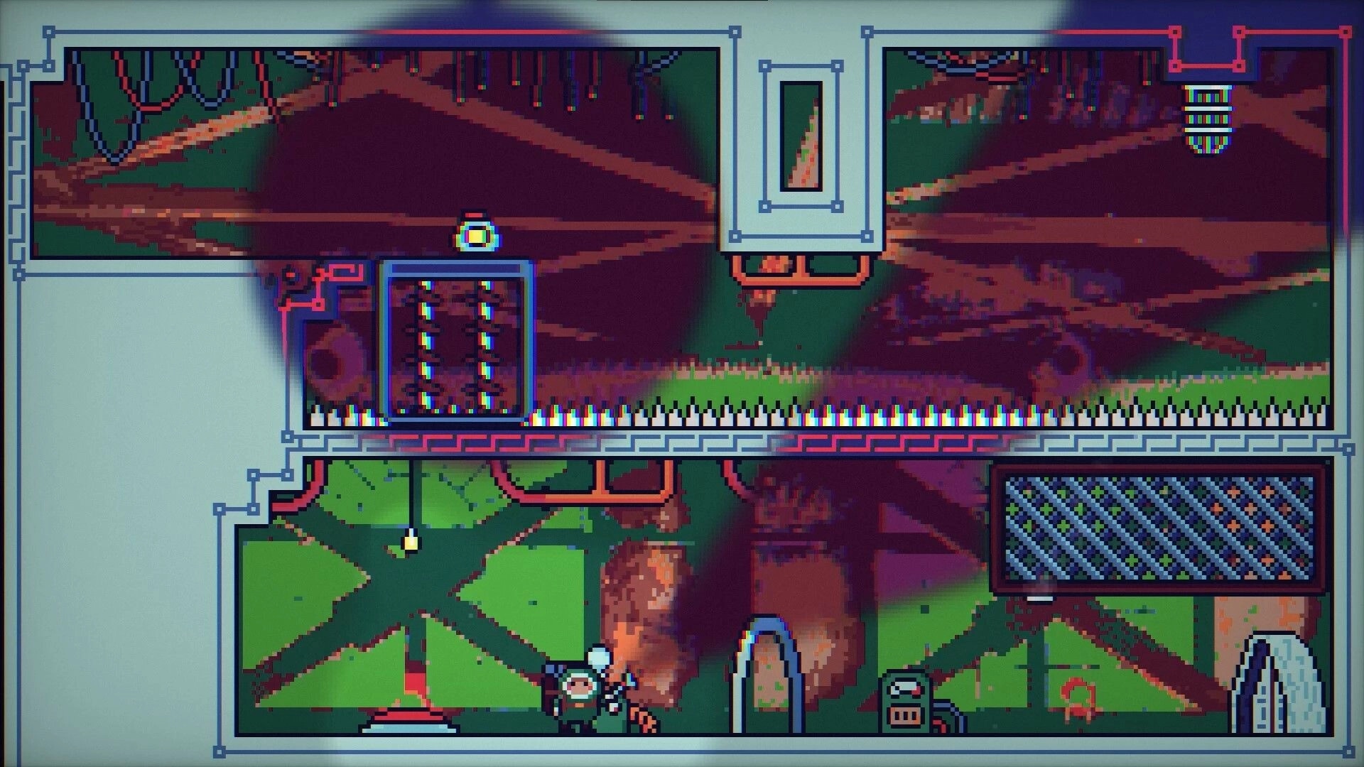 Backpack Boy: Navigating spike traps and switches in a colorful, pixelated puzzle platformer environment.