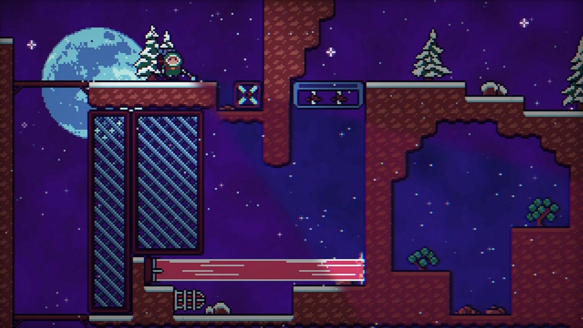 Backpack Boy: Exploring snowy platform with blue moon backdrop and mysterious glowing portals