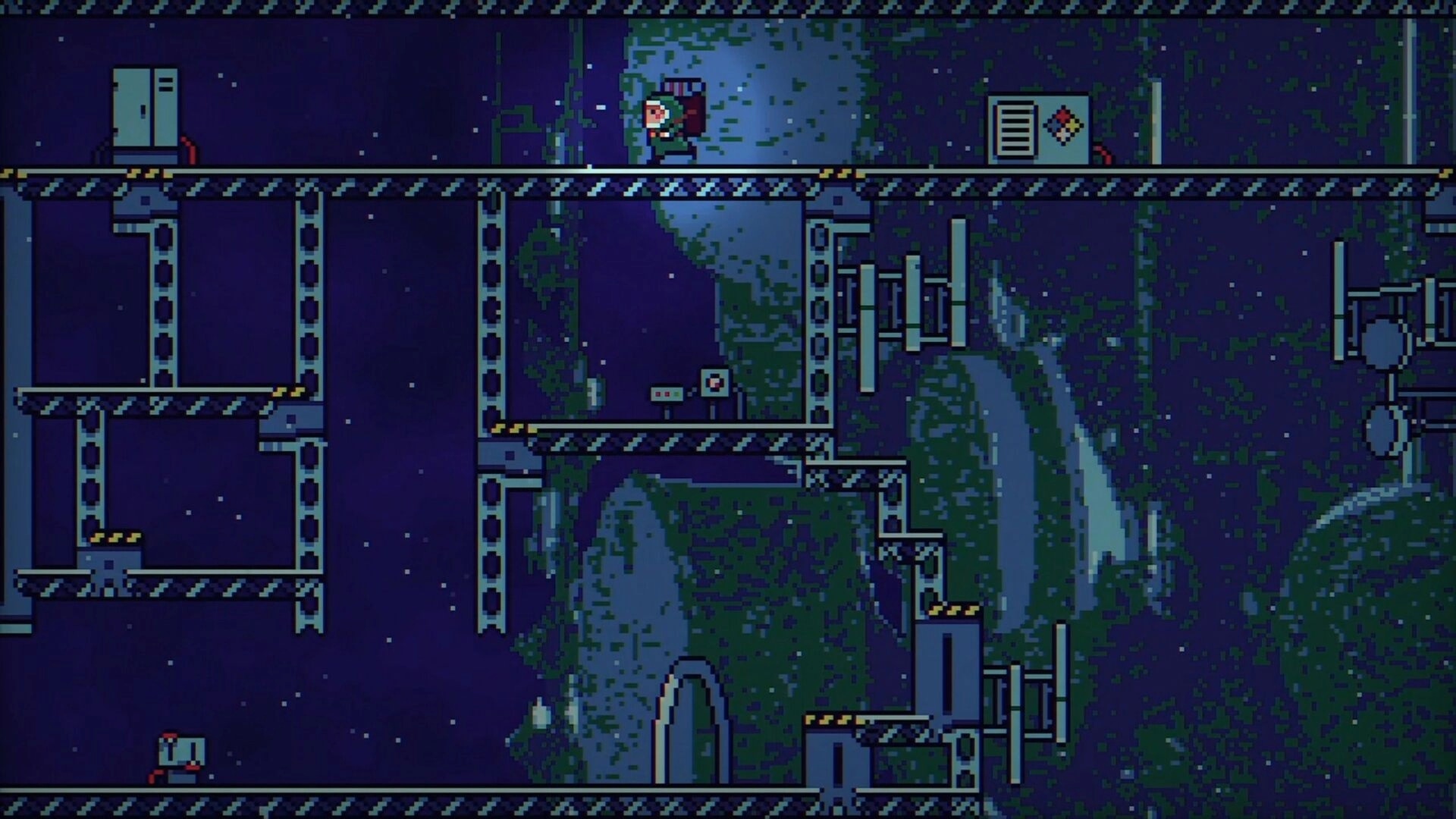Backpack Boy: Navigating platforms and obstacles in a pixelated, abandoned structure environment