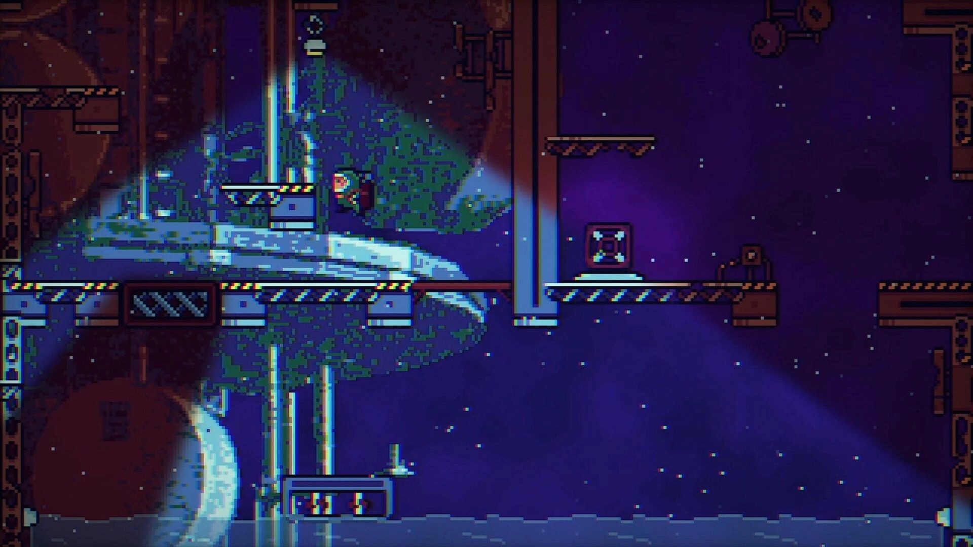 Backpack Boy: Navigating platforms with flashlight in a starry, futuristic abandoned structure.