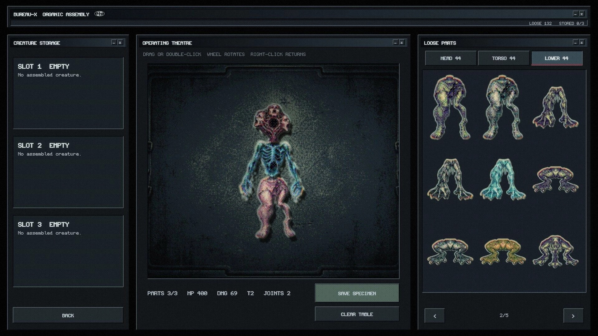 Backrooms Clicker: Organic assembly lab UI with stitched creature on table and loose parts menu open.