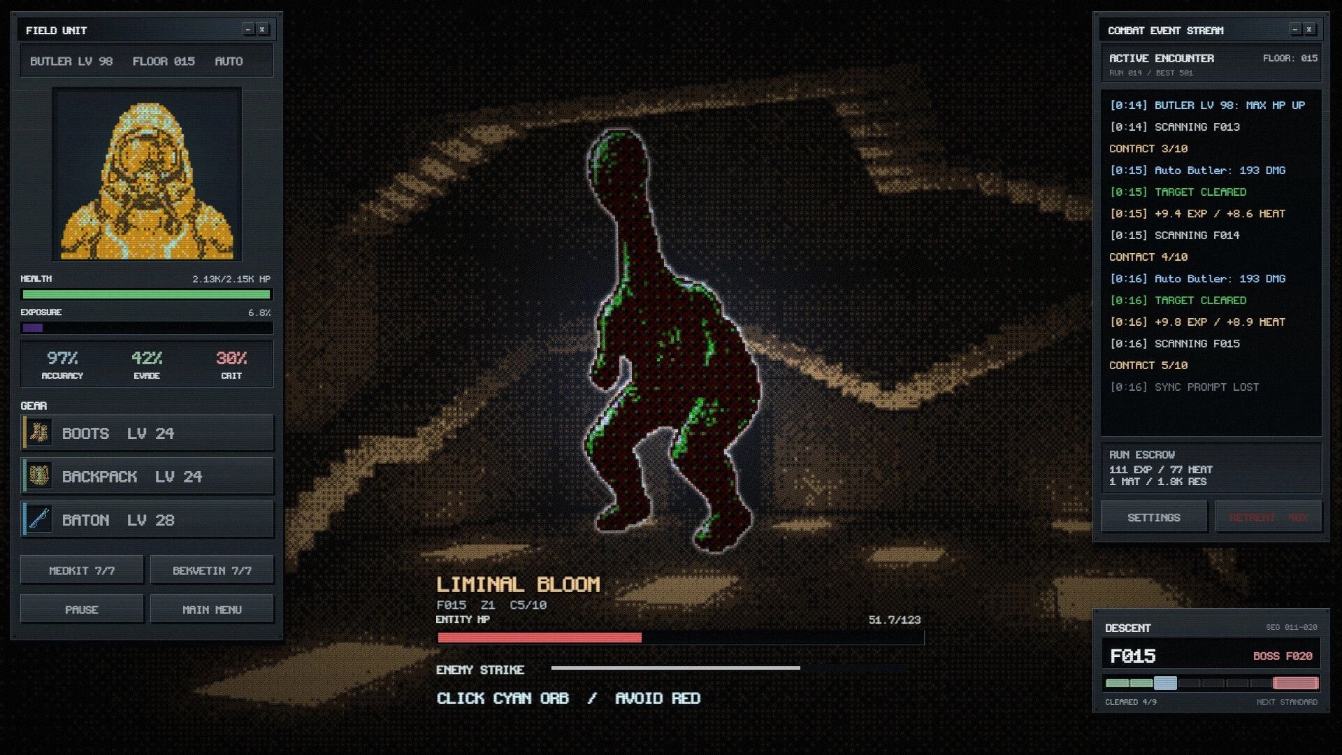 Backrooms Clicker: Liminal Bloom combat with enemy silhouette, stats panels and combat log UI overlays.