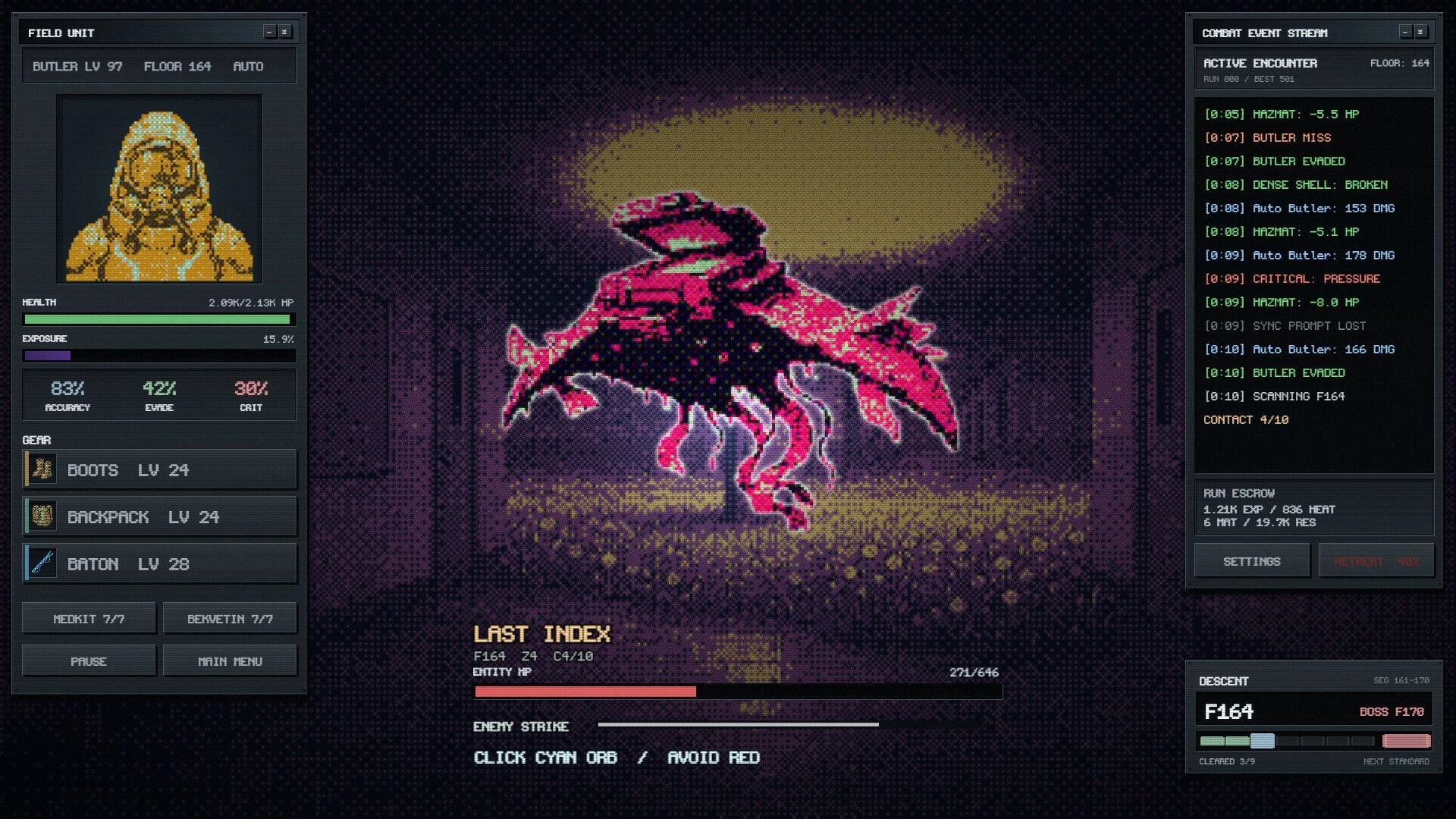 Backrooms Clicker: Butler unit fights a red winged entity in F164, with stats and combat log UI.
