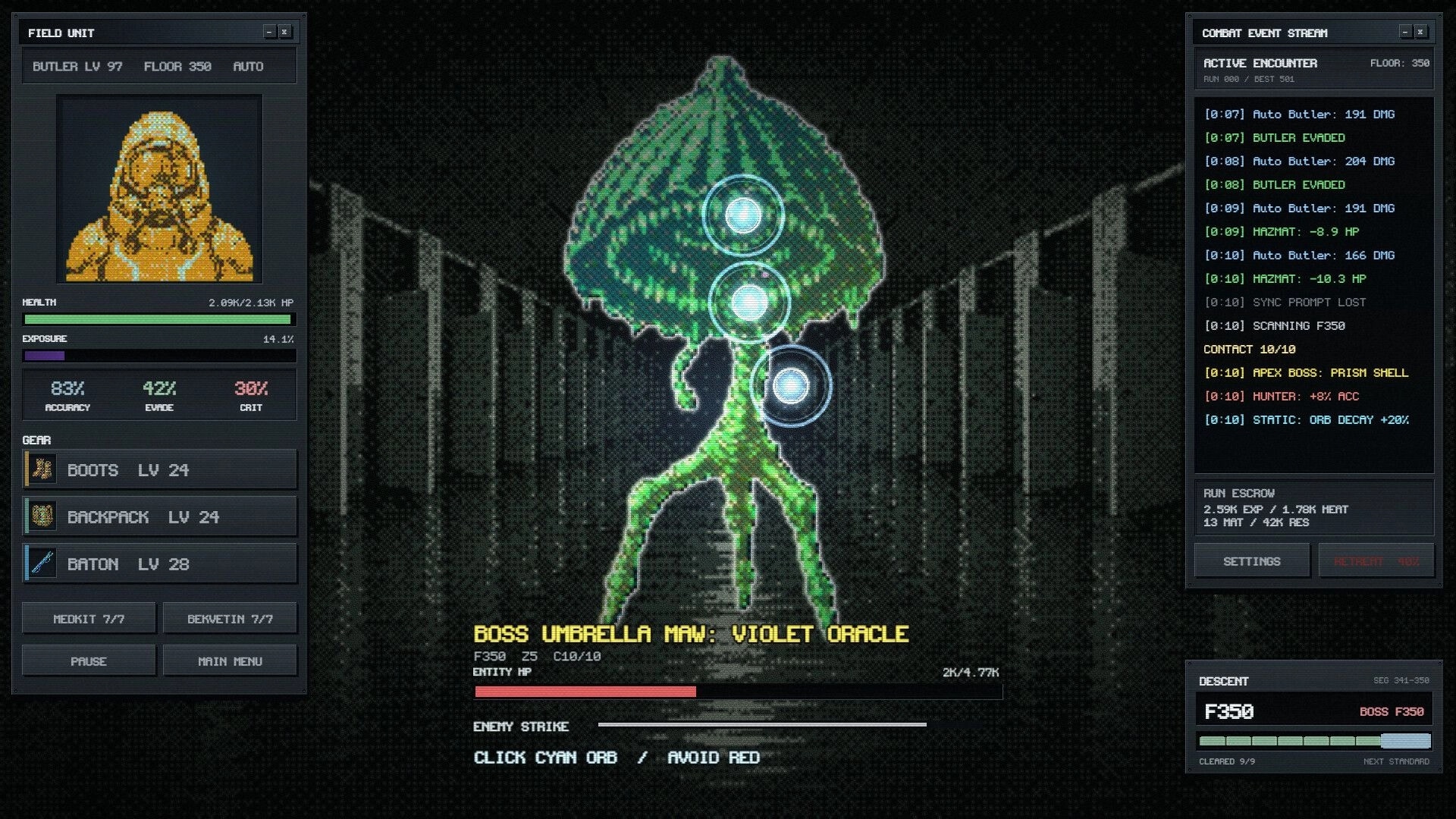 Backrooms Clicker: Boss Umbrella Maw fight with orb targets in a dark corridor, unit stats and combat log UI.