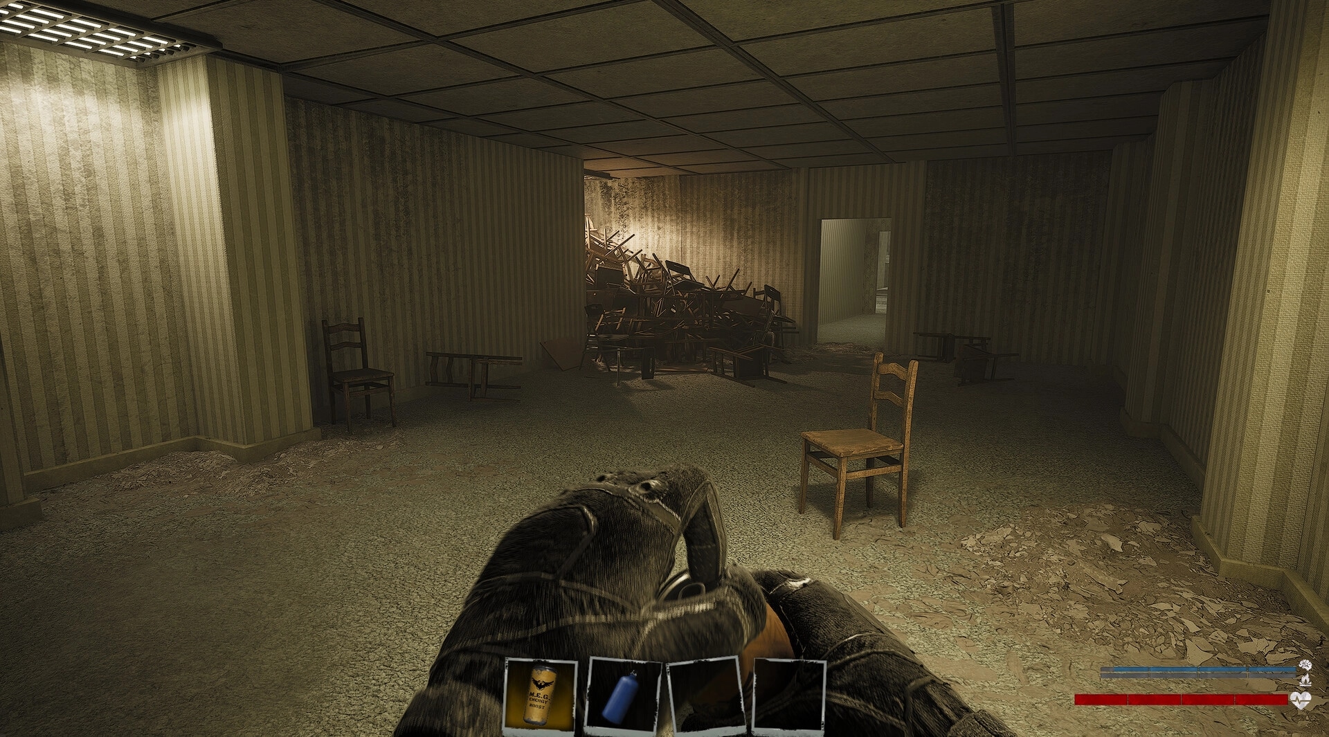 Backrooms Lost Runners: Player holds item in dimly lit, abandoned room with scattered chairs and debris.
