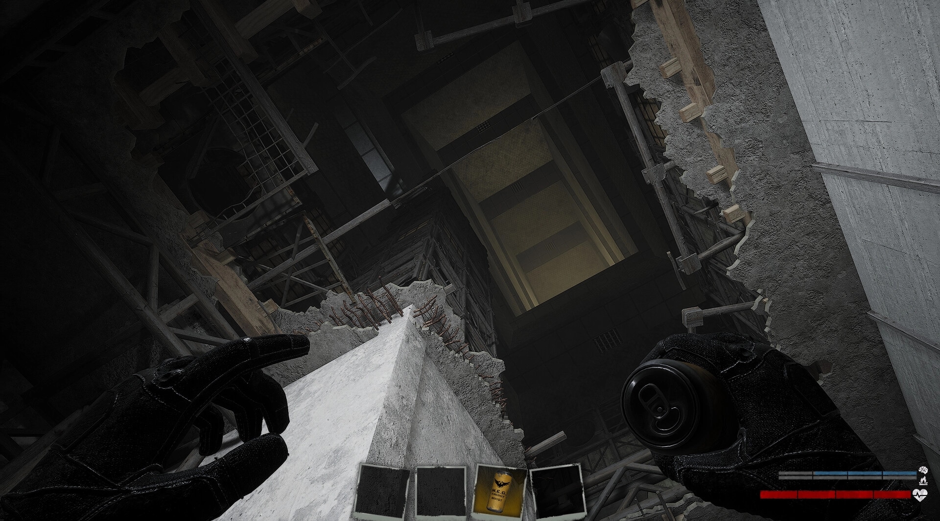 Backrooms Lost Runners: Player holding can in dark, crumbling stairwell with health and inventory UI visible