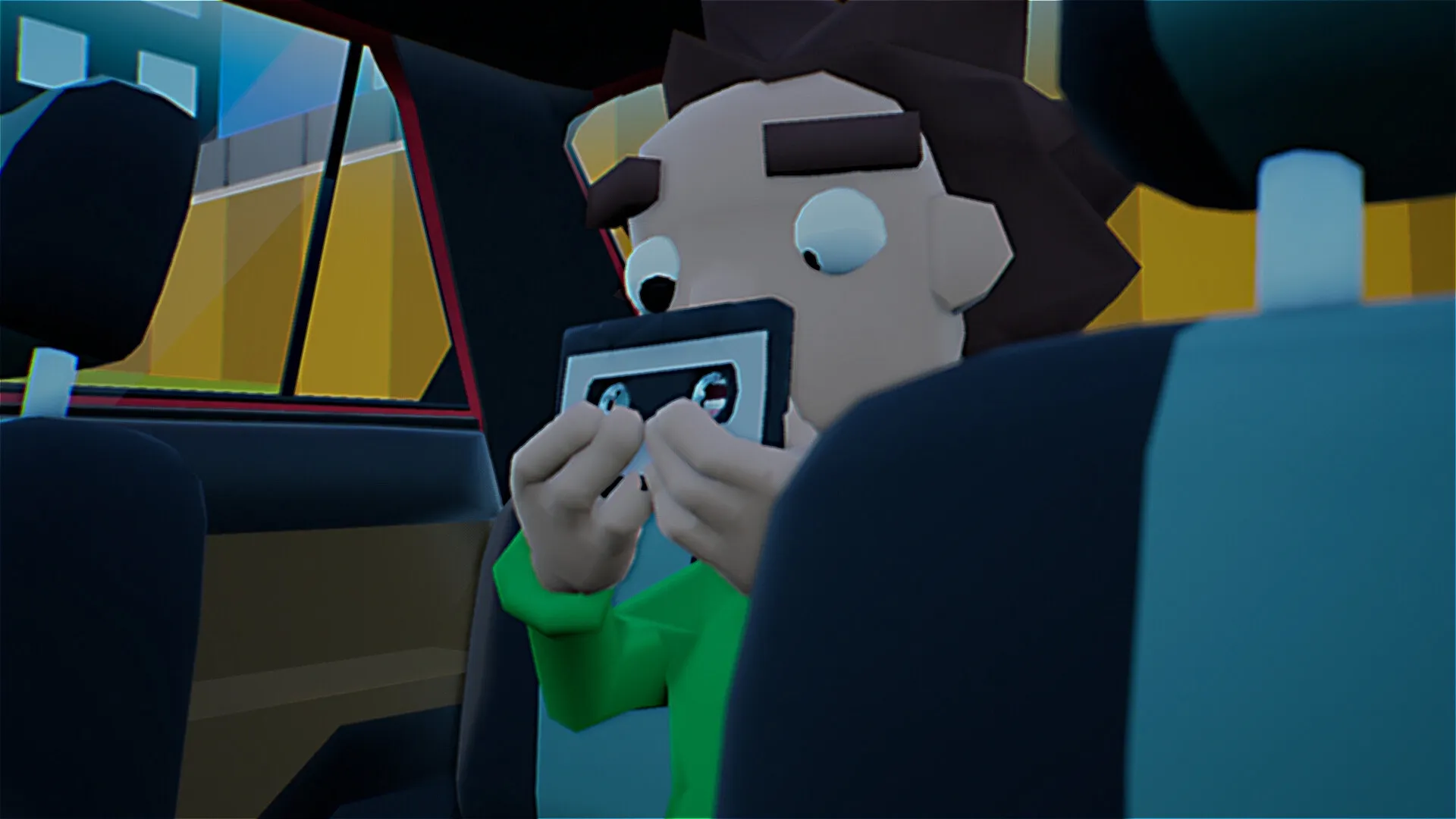 Backseat Drivers: Character examines cassette tape inside car with colorful cityscape outside window