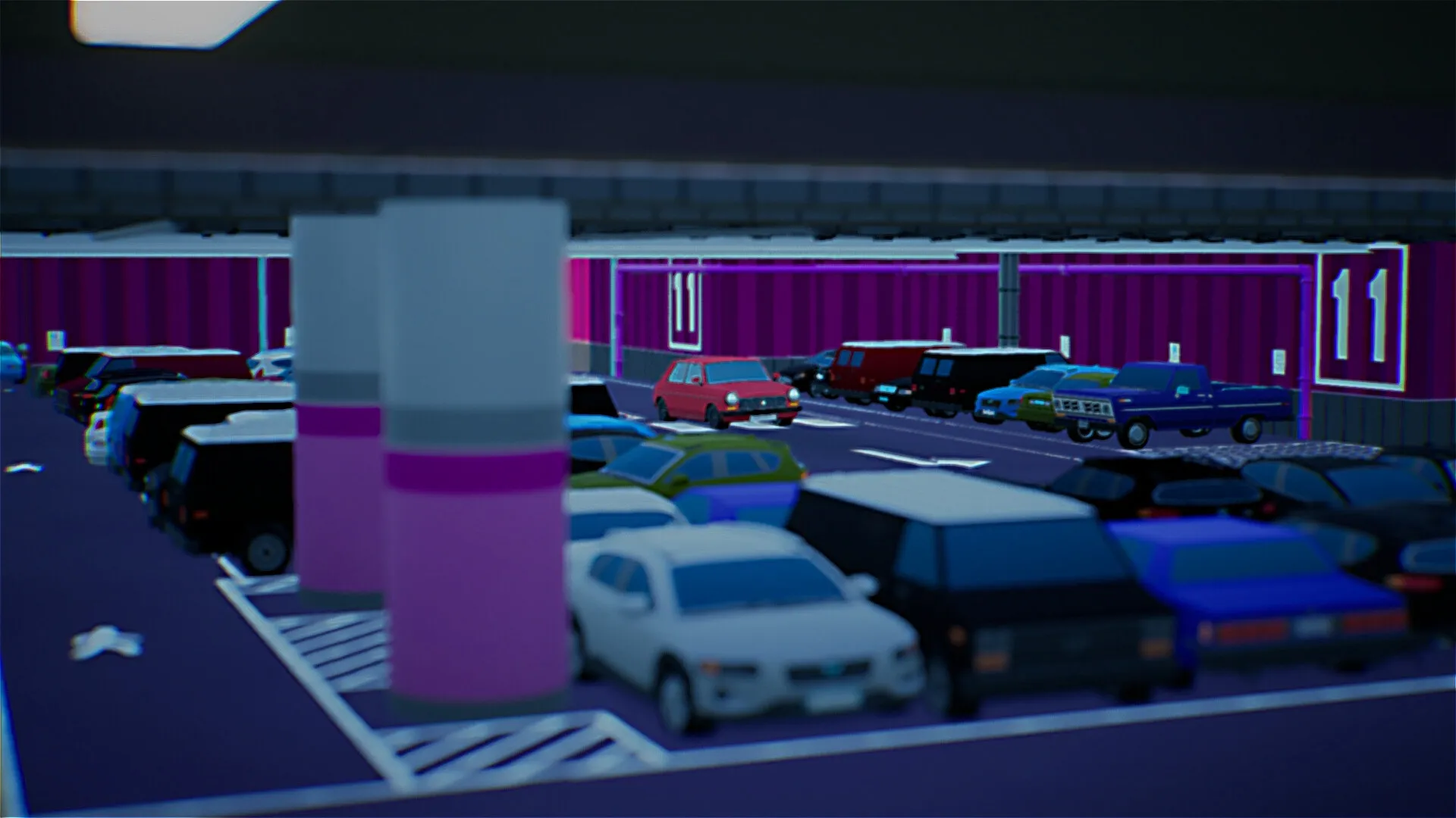 Backseat Drivers: Navigating cluttered underground parking lot with numerous colorful parked cars