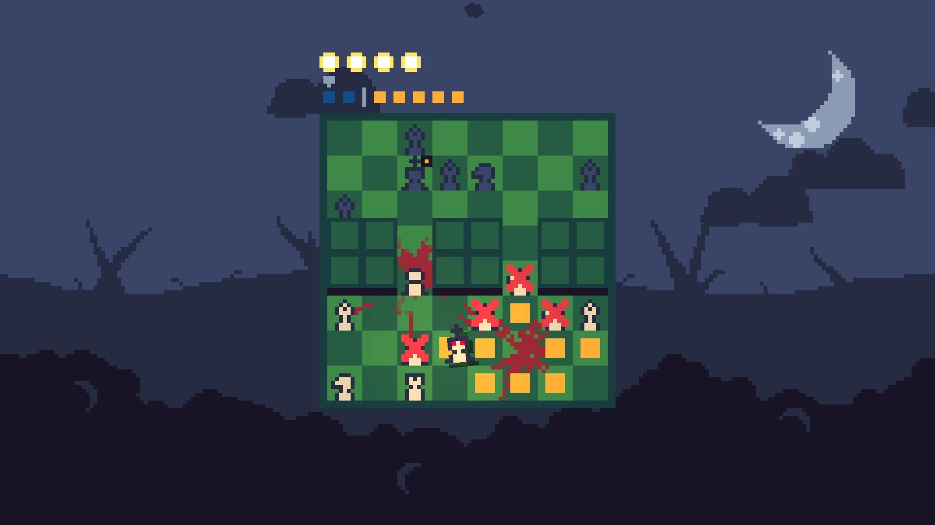 Backstabbing King: Pixelated chessboard with bloodied pieces under a night sky with crescent moon