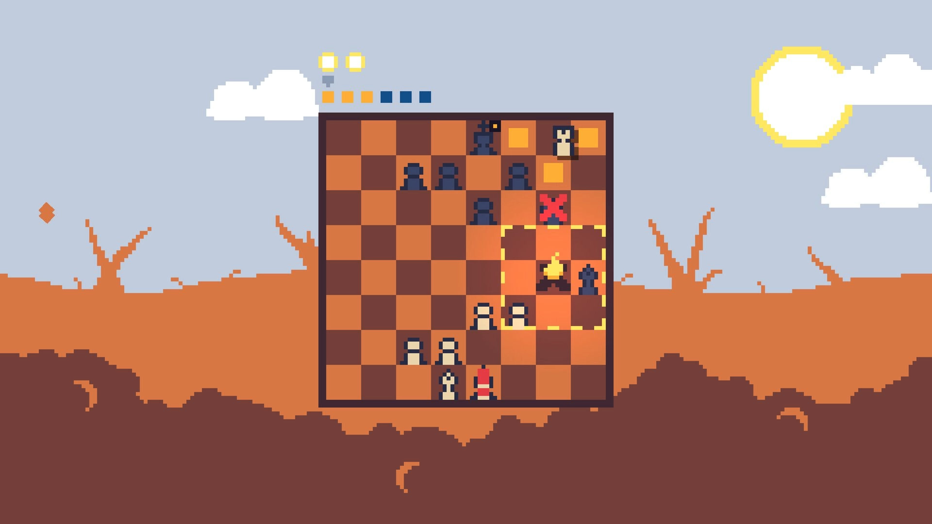 Backstabbing King: Pixelated chessboard battle with highlighted piece and outdoor landscape background