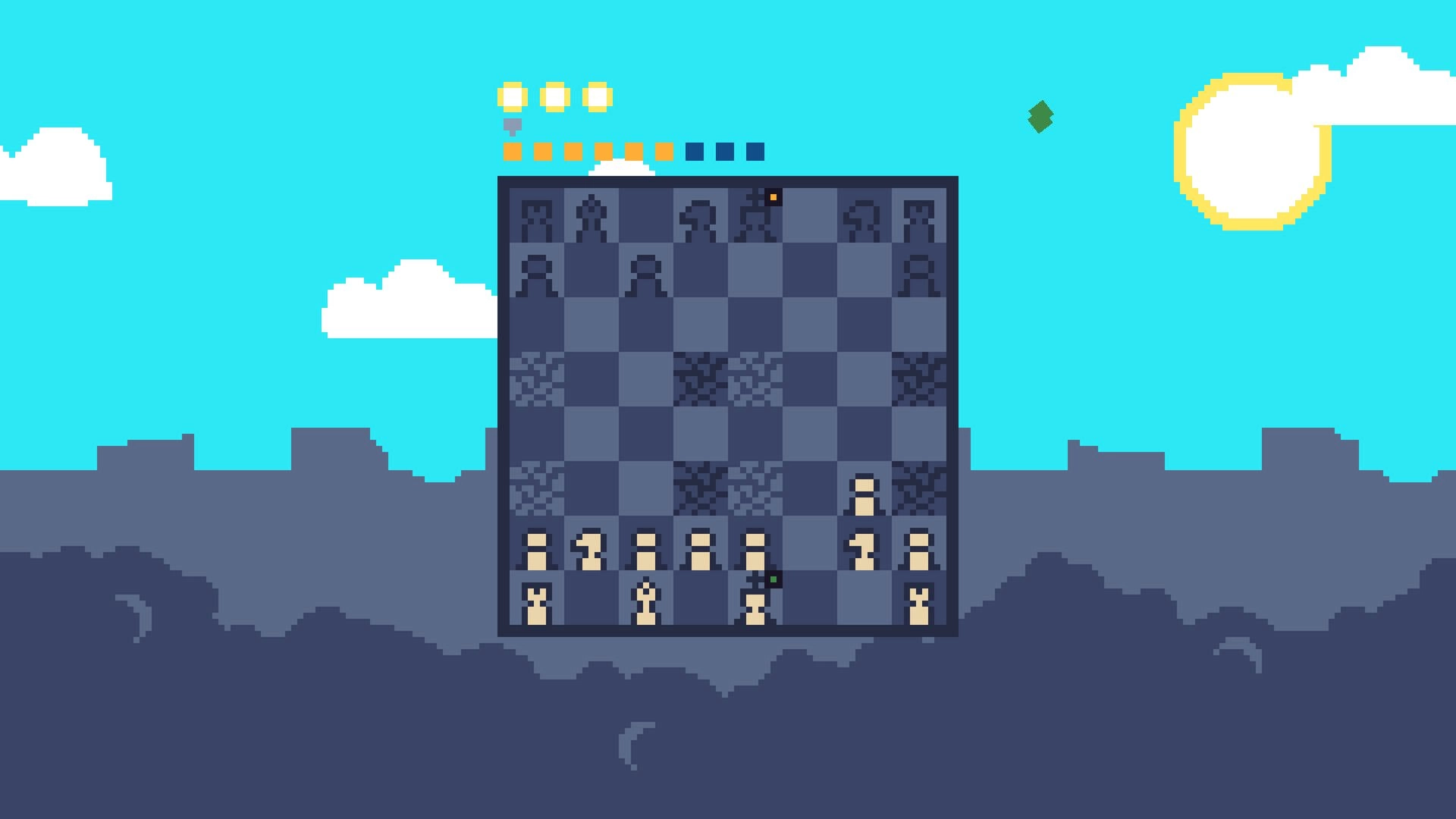 Backstabbing King: Pixelated chessboard with pieces in strategic battle under bright sky with clouds