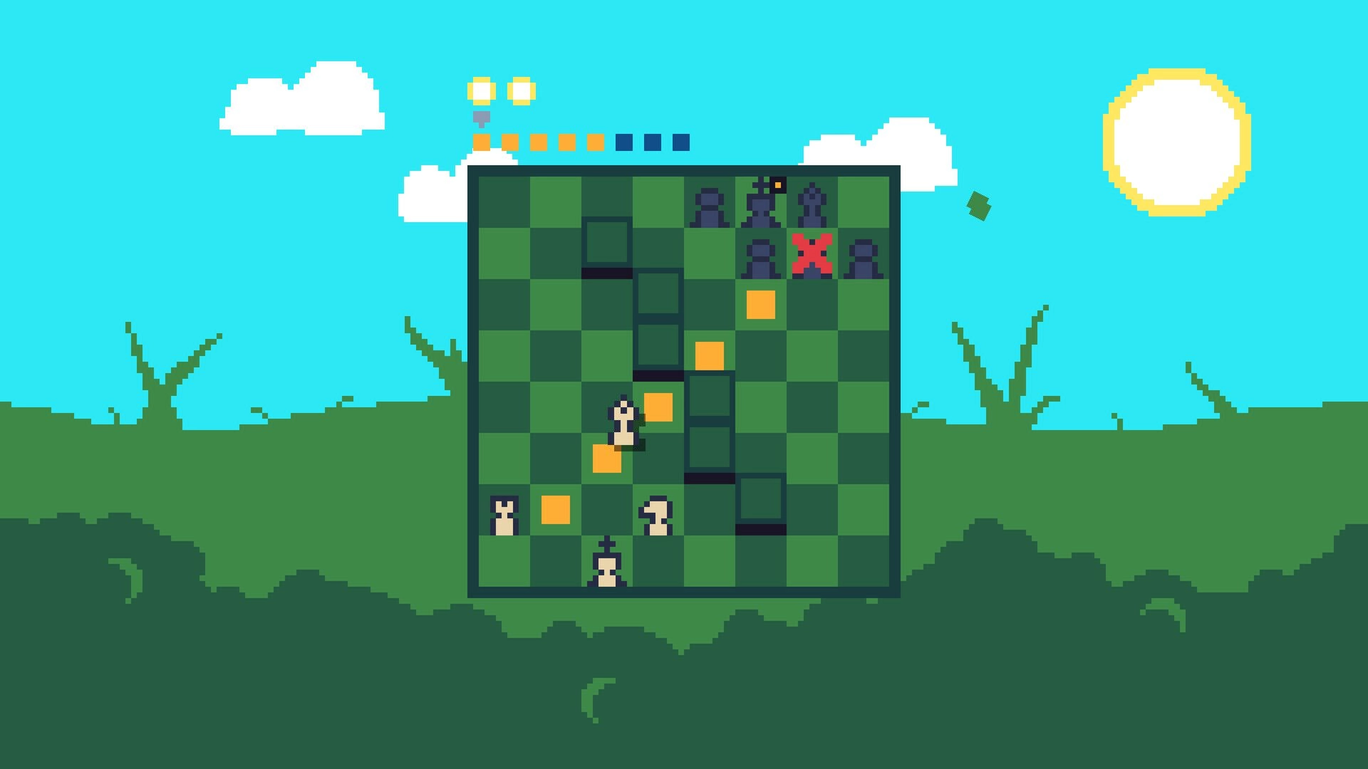 Backstabbing King: Chessboard battle with animated pieces in a pixelated outdoor landscape