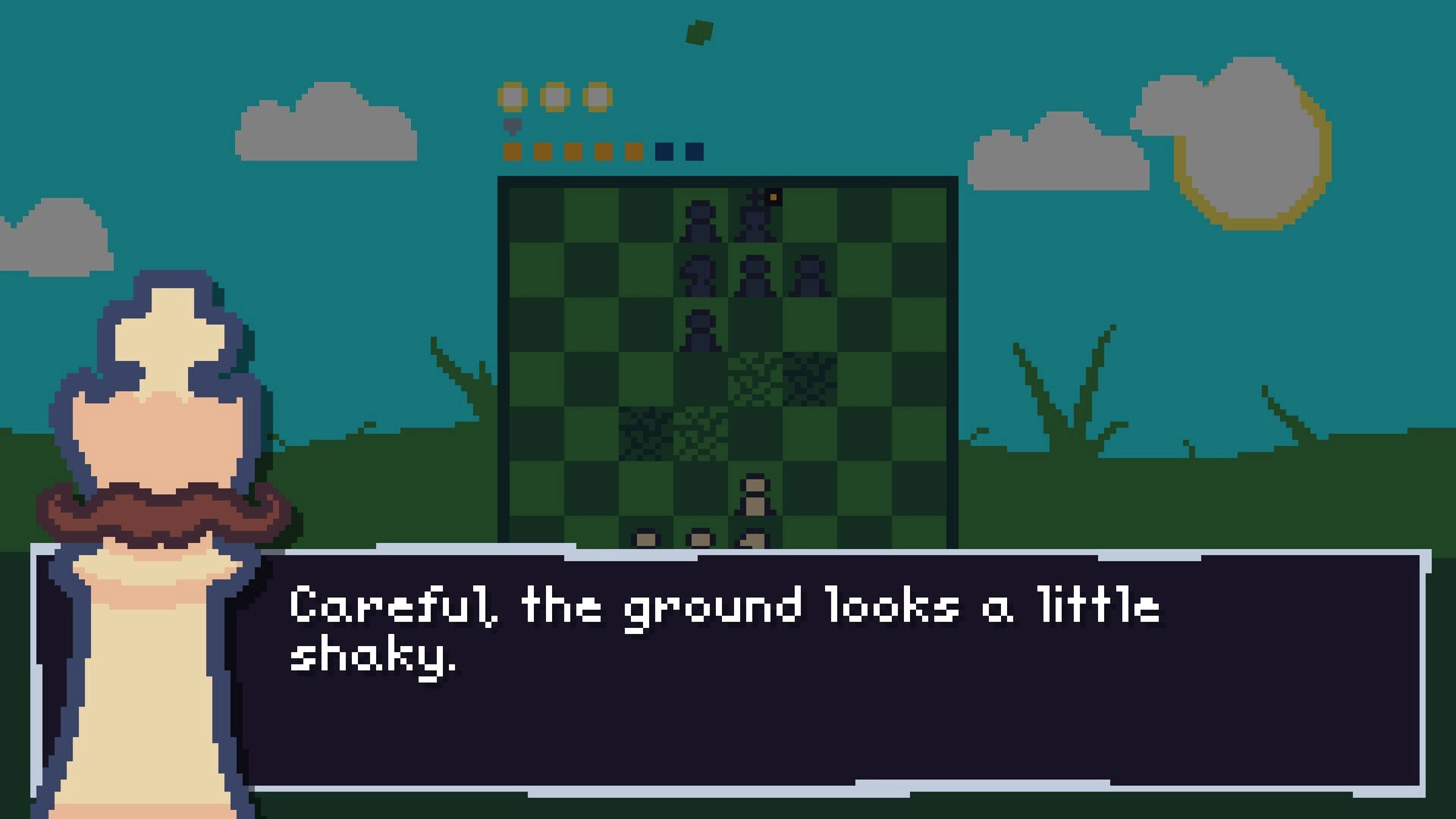 Backstabbing King: Pixel art dialogue with pawn on chessboard under a bright sunlit sky