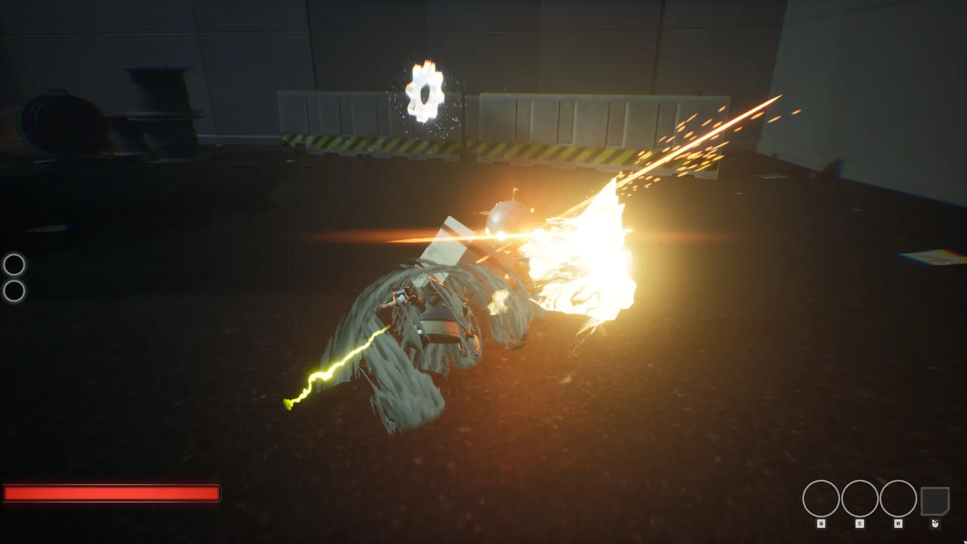 BackStreet: Player engages in dynamic combat with a robotic enemy in an industrial warehouse environment