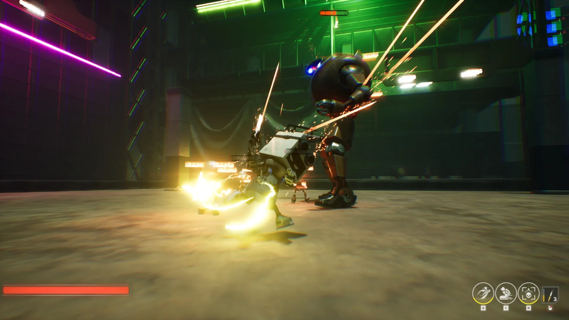 BackStreet: Player character battles a large robot in a dimly lit industrial arena with neon accents.
