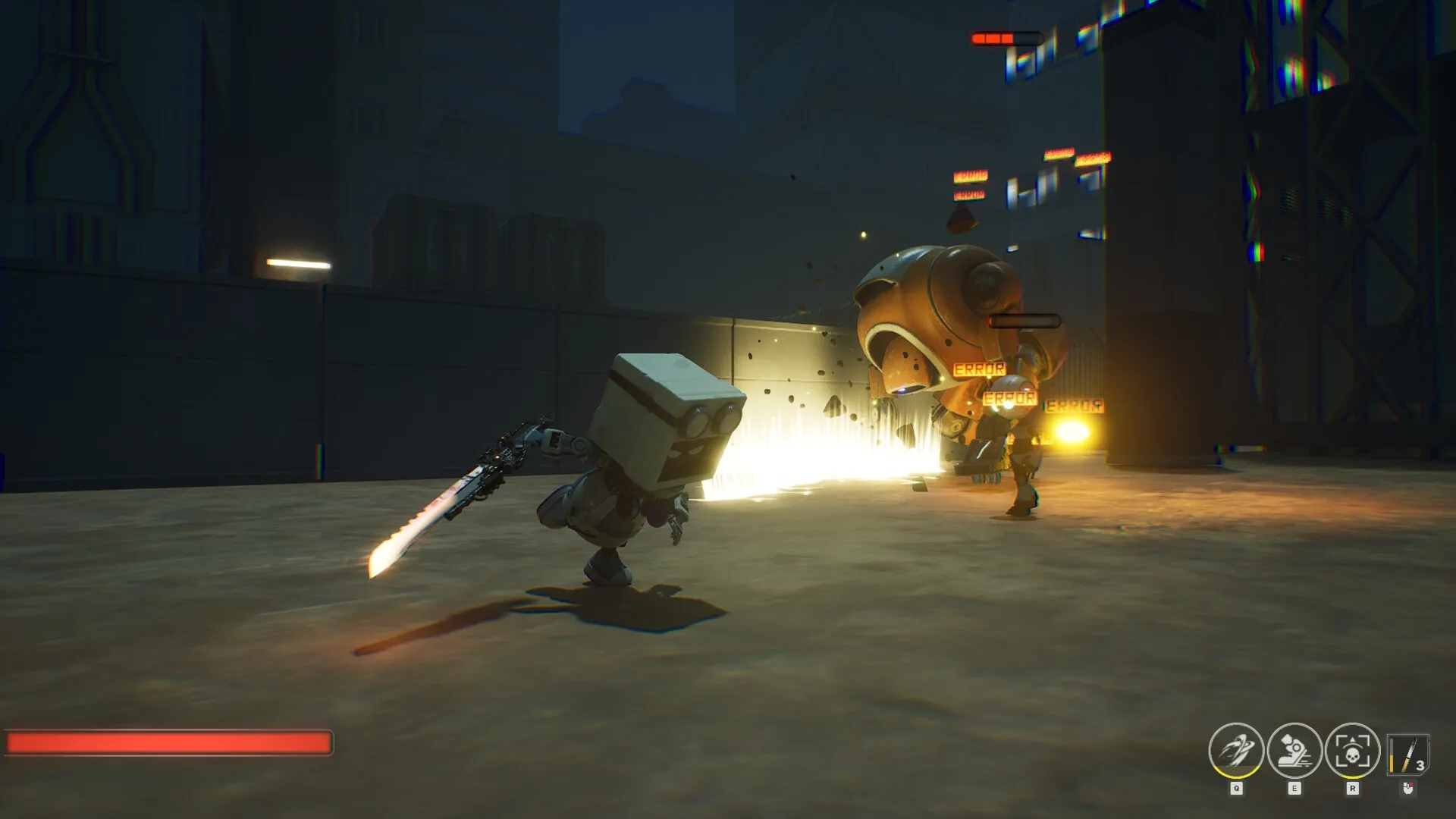 BackStreet: Robot character attacking large enemy in industrial environment with health bars visible