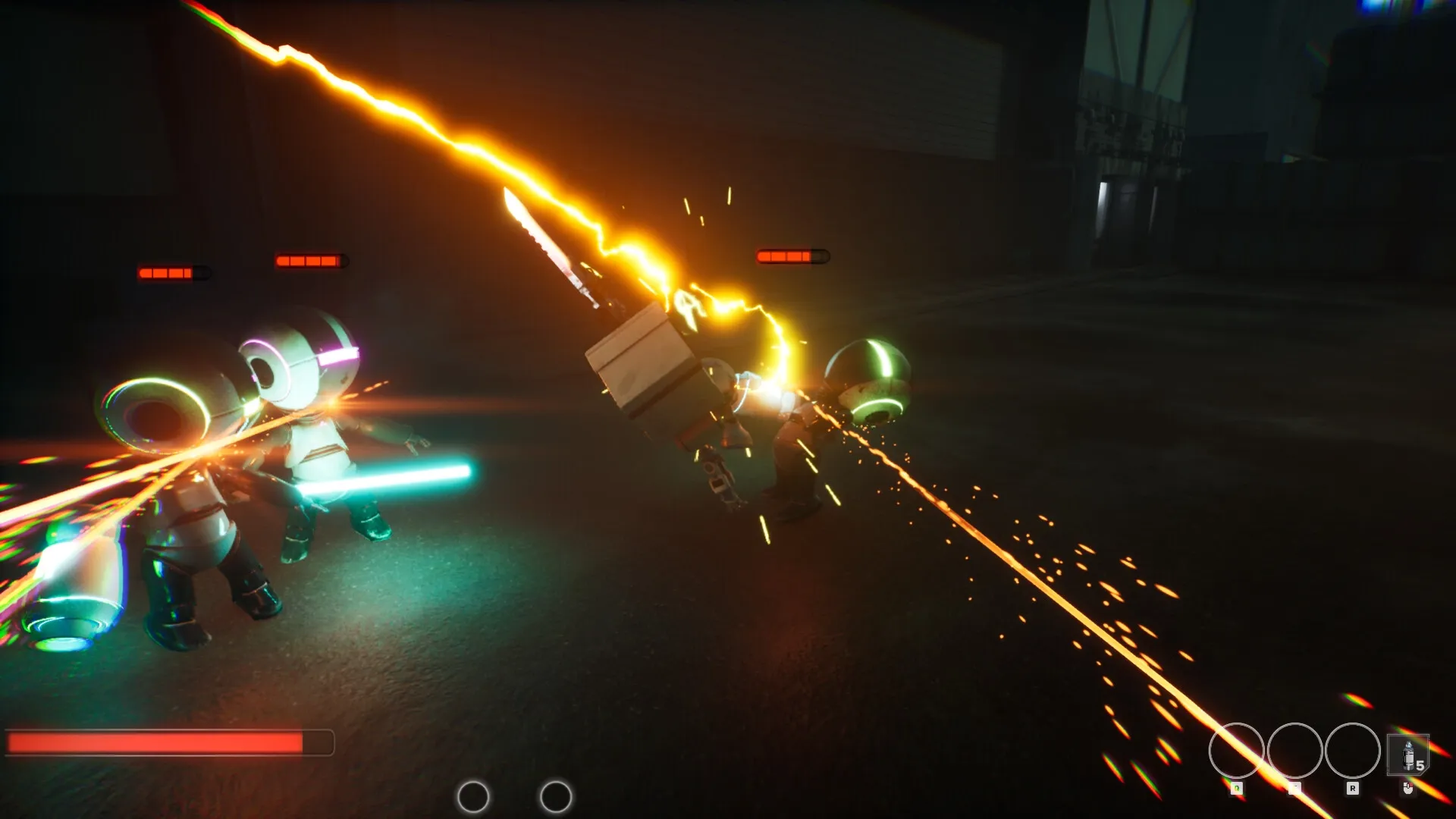 BackStreet: Player battling glowing helmet foes with energy weapons in a dark industrial street setting