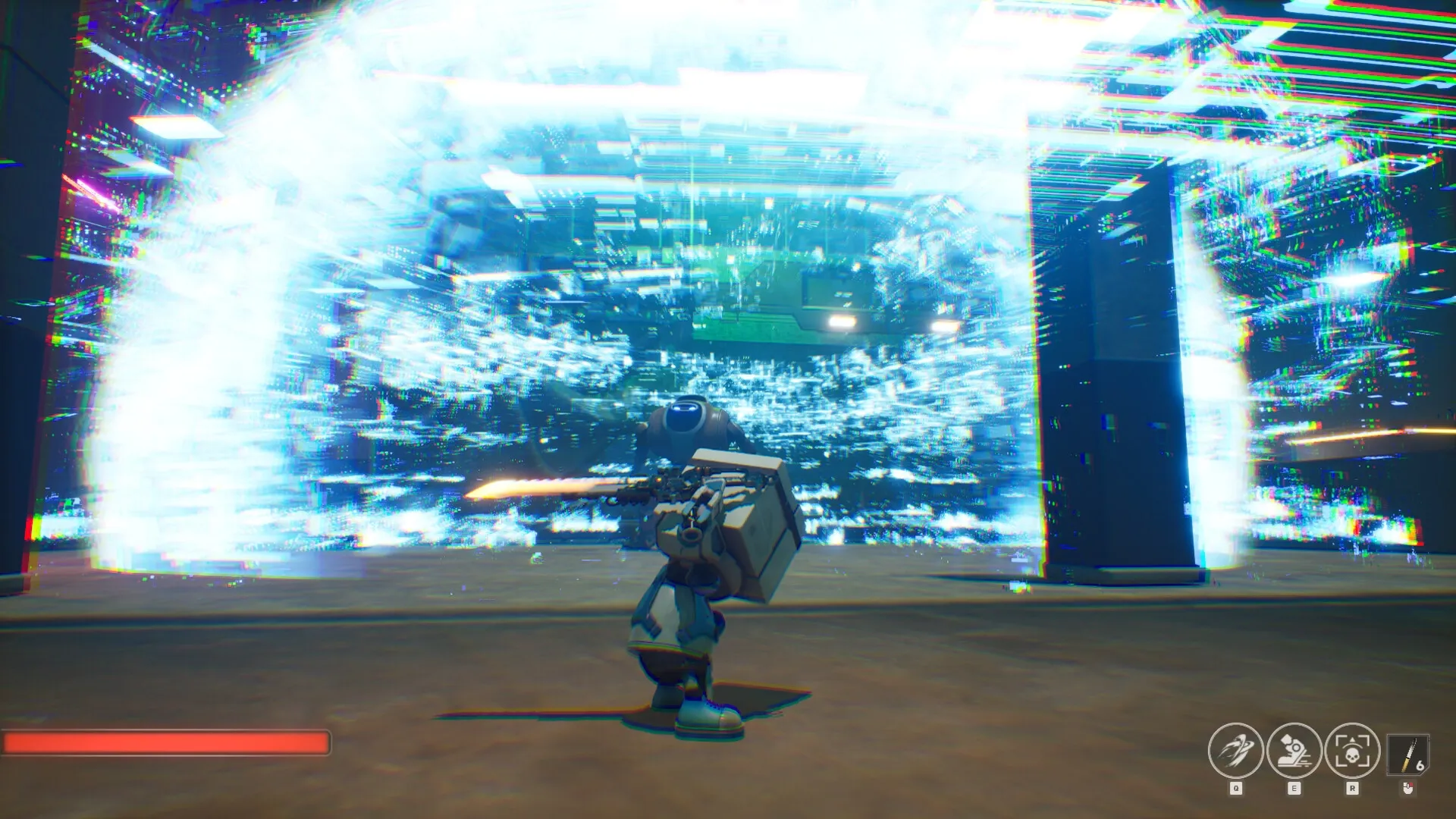 BackStreet: Player wielding sword in front of glitchy digital portal in industrial environment