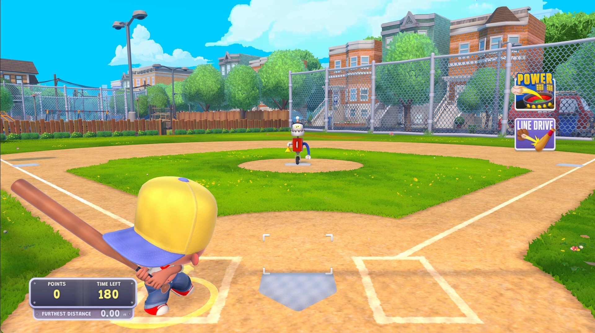 Backyard Baseball: Batter aims at pitching robot on city diamond, with power meter and timer UI visible.