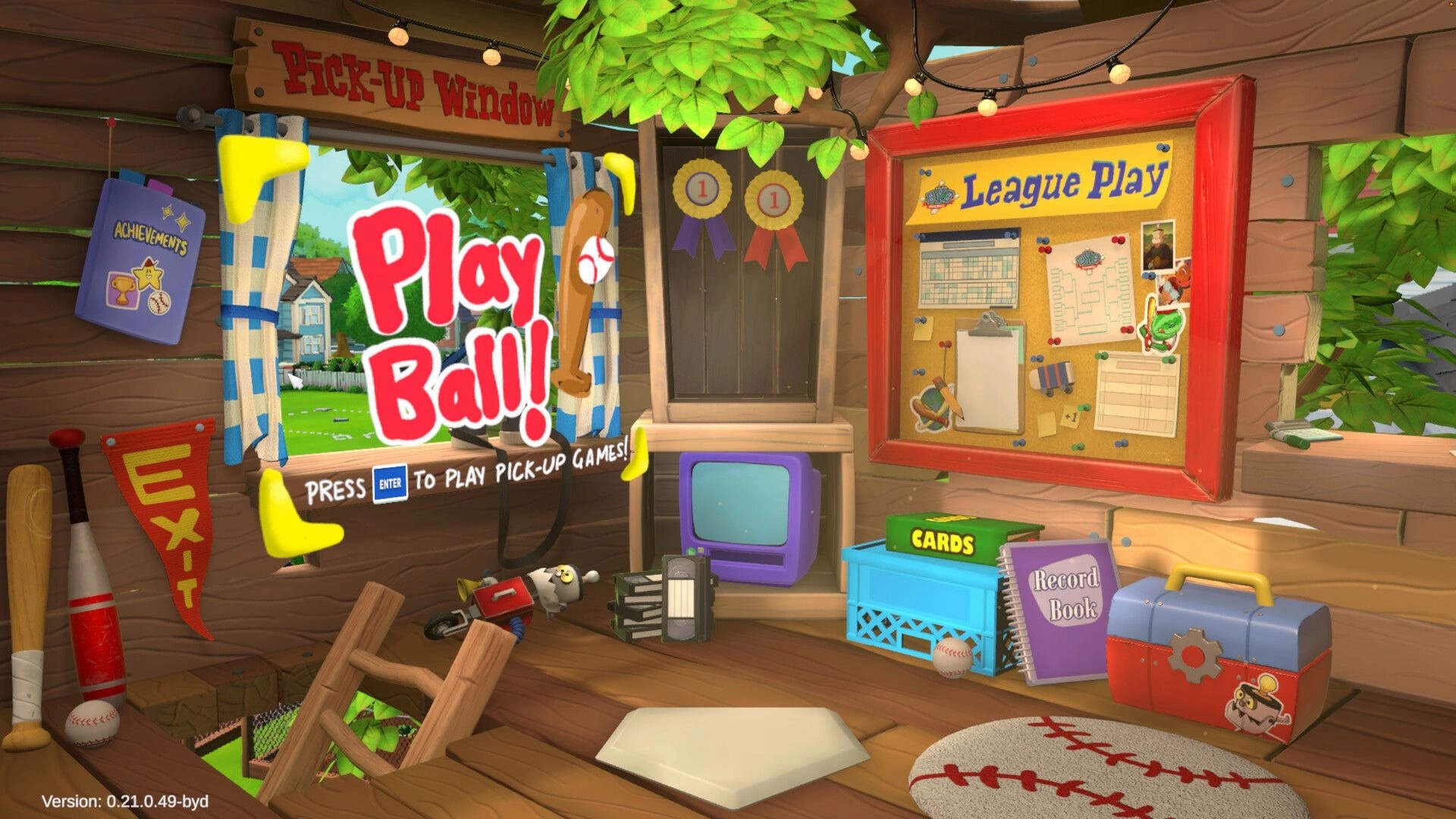 Backyard Baseball: Pick-up Window menu with Play Ball button and League Play board inside treehouse.