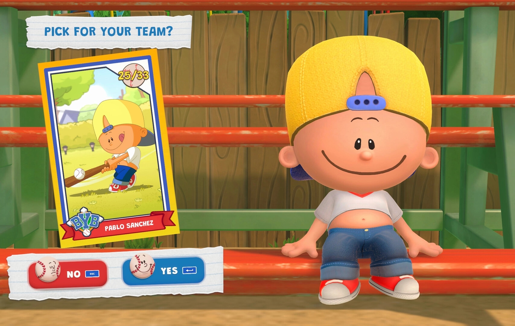 Backyard Baseball: Team pick screen highlighting Pablo Sanchez card with Yes/No buttons by bleachers.