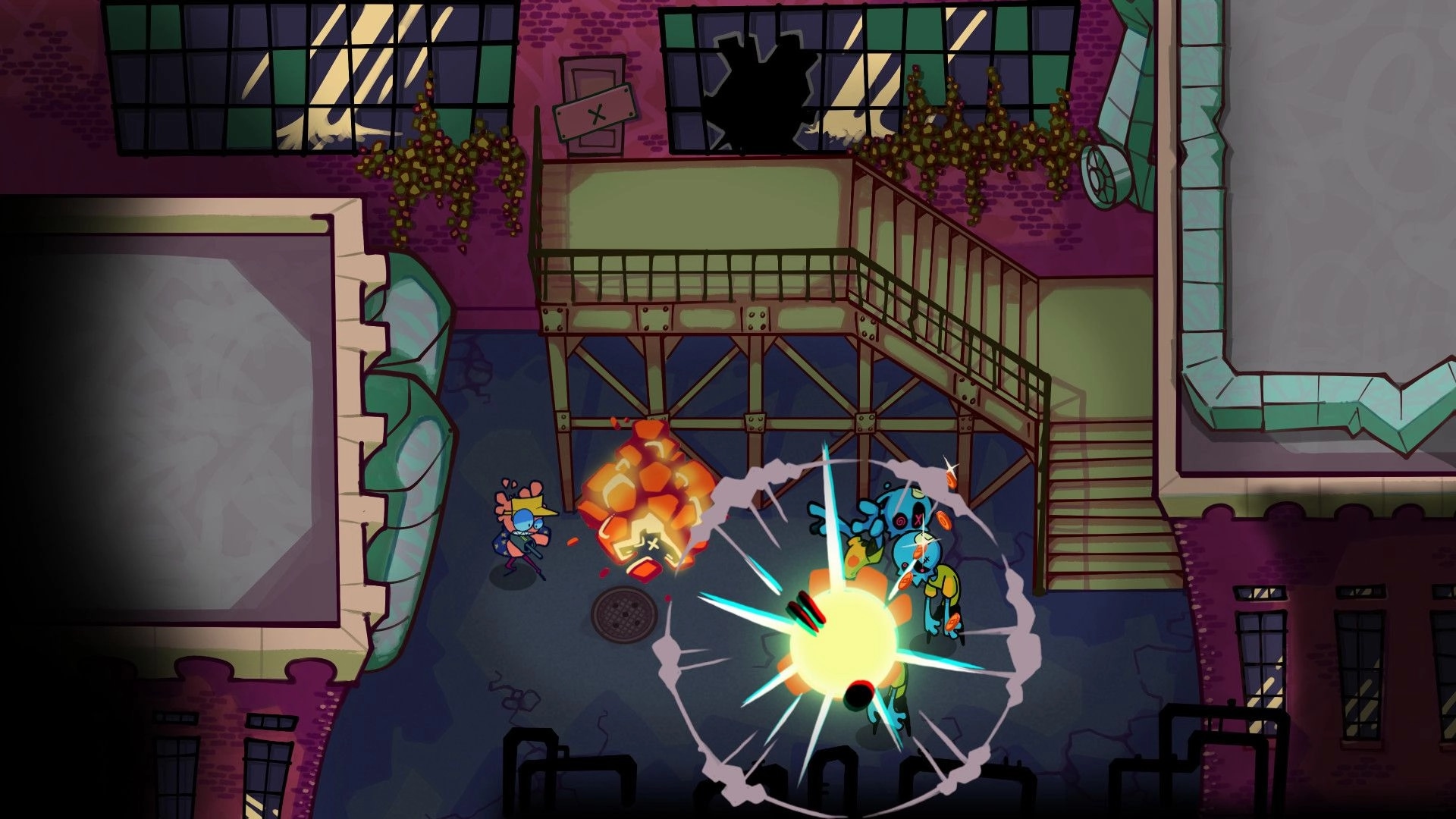 Bad Boro: Top-down fight with a small hero and blue enemies amid explosions in an alley by stairs.