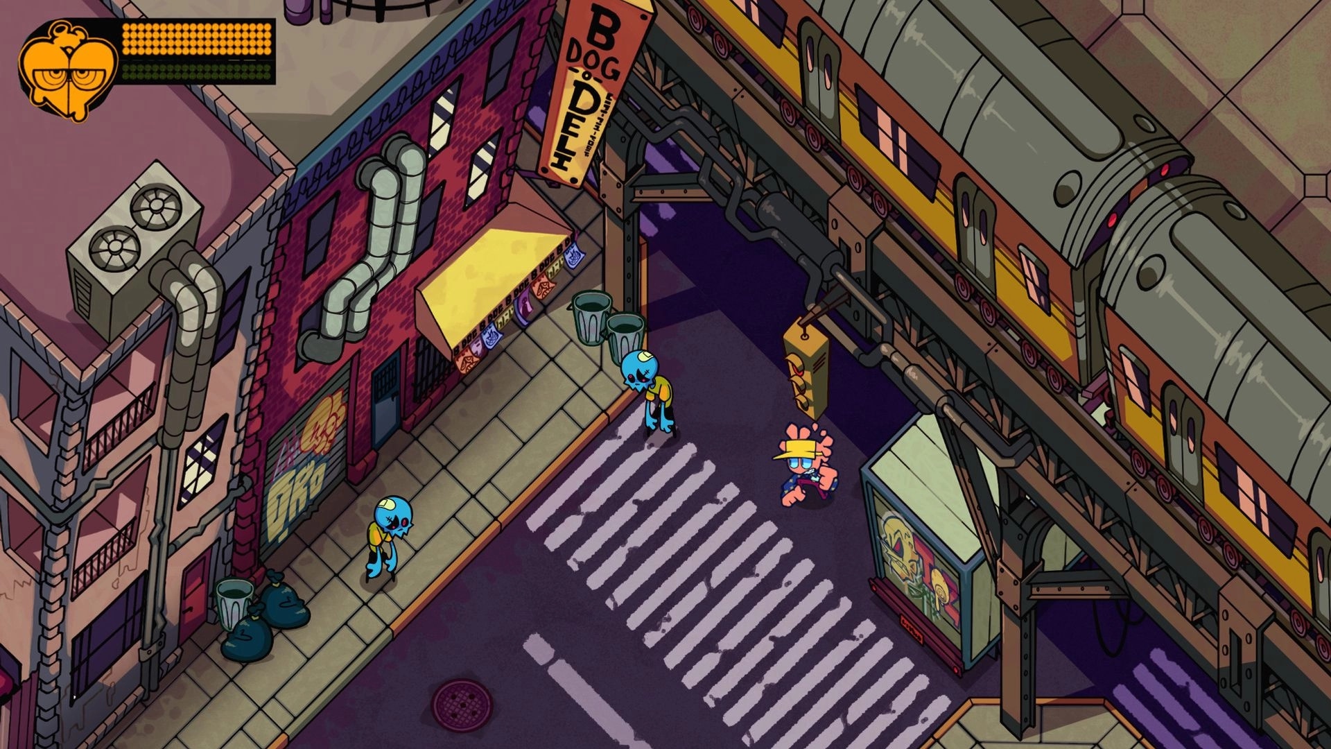 Bad Boro: Player faces two blue-headed foes at a crosswalk under elevated train tracks in city street.