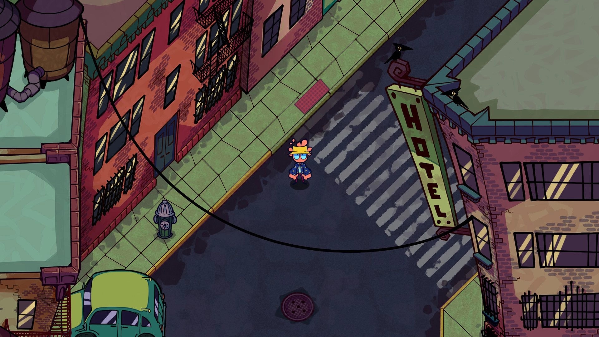 Bad Boro: Player character stands at a crosswalk by a hotel sign in a gritty cartoon city street.
