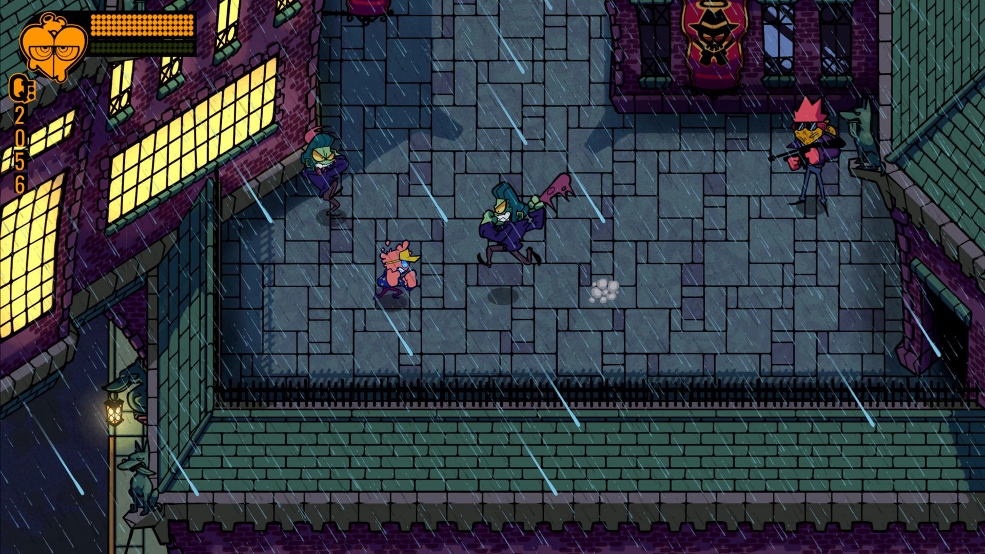 Bad Boro: Player faces two club-wielding thugs in rainy alley, health bars and score UI visible.