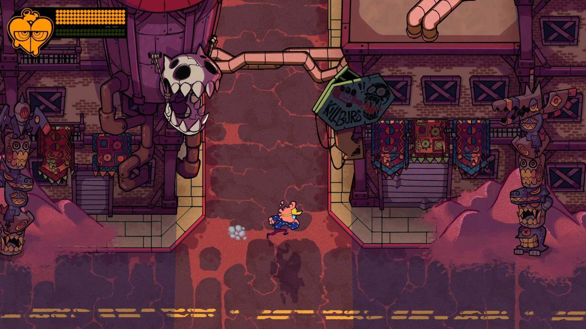 Bad Boro: Player runs down cracked street past totems and pipes, health bars at top left in city block.