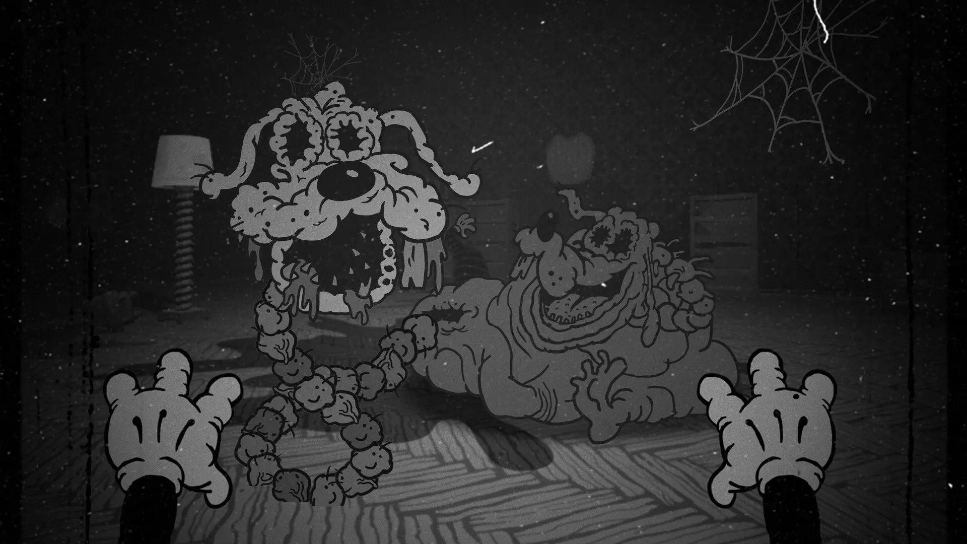 Bad Cheese: Player encounters two grotesque cartoon dogs in a dimly lit room with cobwebs and shadows.