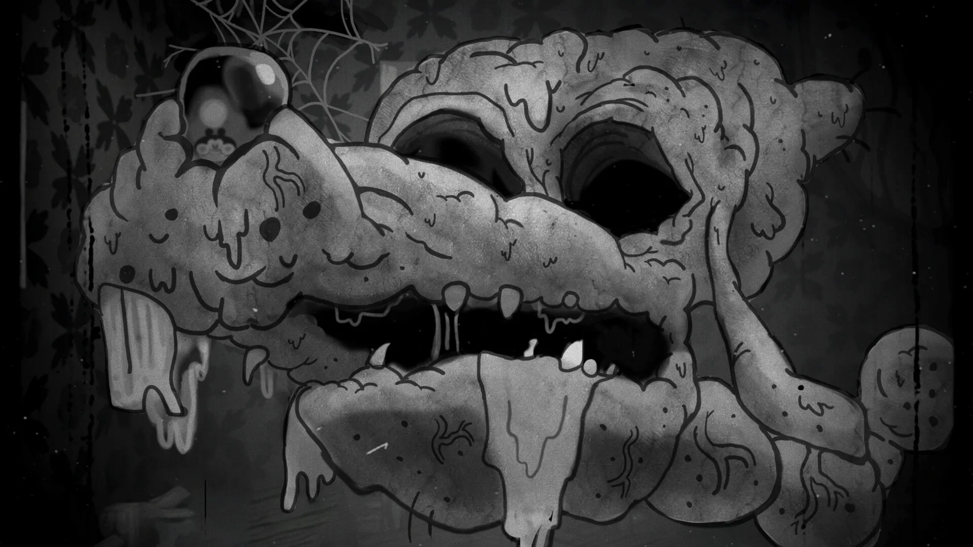 Bad Cheese: Distorted, eerie creature face with dripping features in a shadowy, cobweb-filled room