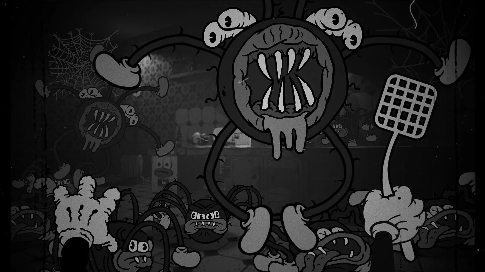Bad Cheese: Cartoonish monsters with swatters invade a dimly lit kitchen filled with cobwebs.
