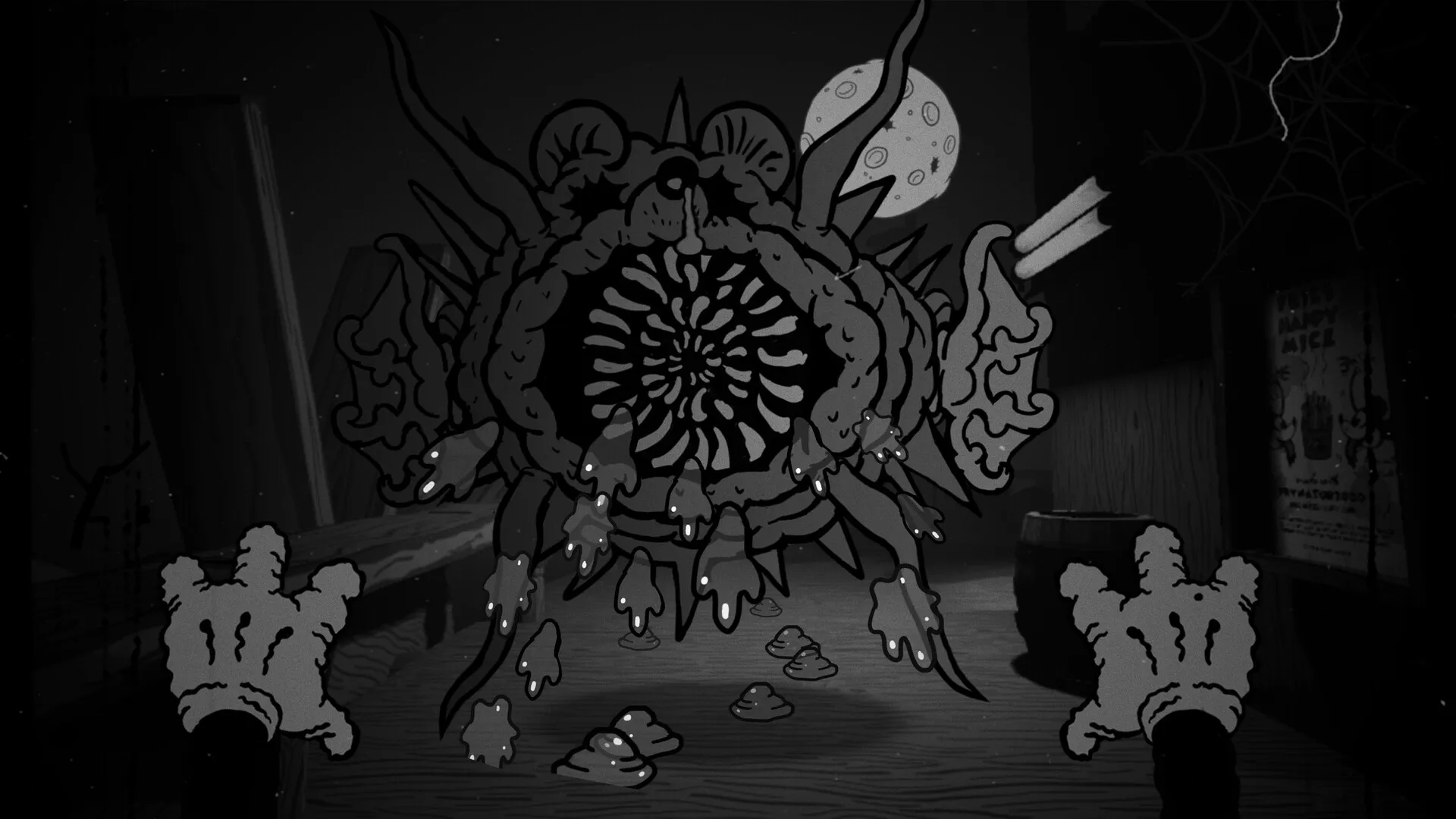 Bad Cheese: Player confronts grotesque creature in dimly lit room, hands reaching out in fear.