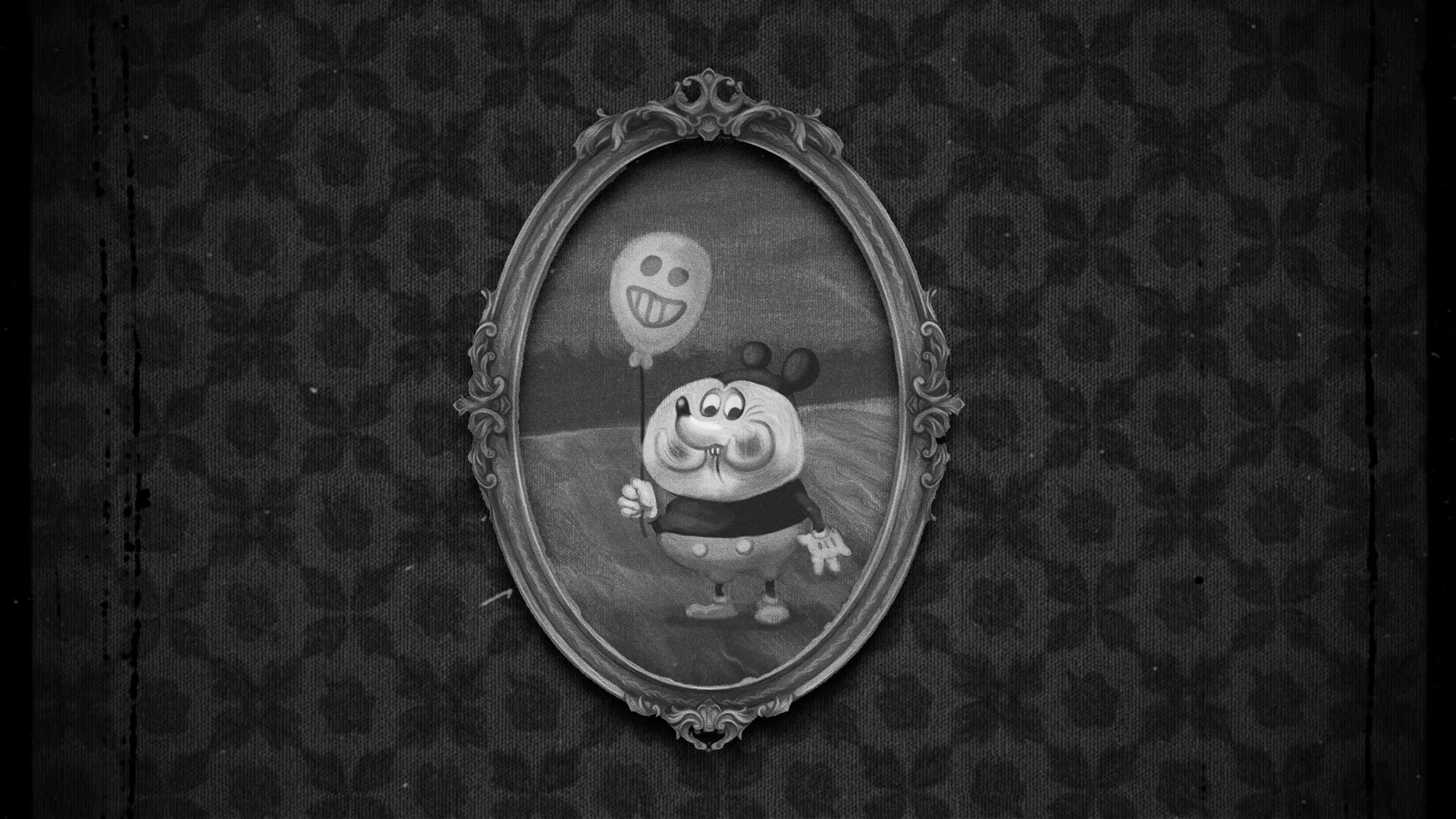 Bad Cheese: Framed vintage cartoon mouse holding a smiley balloon against a patterned wall background