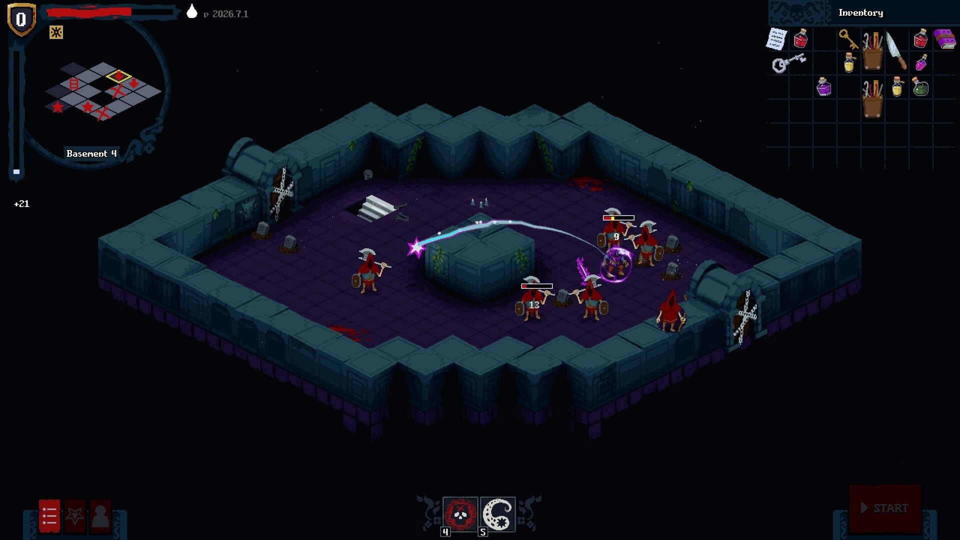 Bad House: Combat turn with hooded scythe enemies around a glowing hero in Basement 4 room, inventory open.