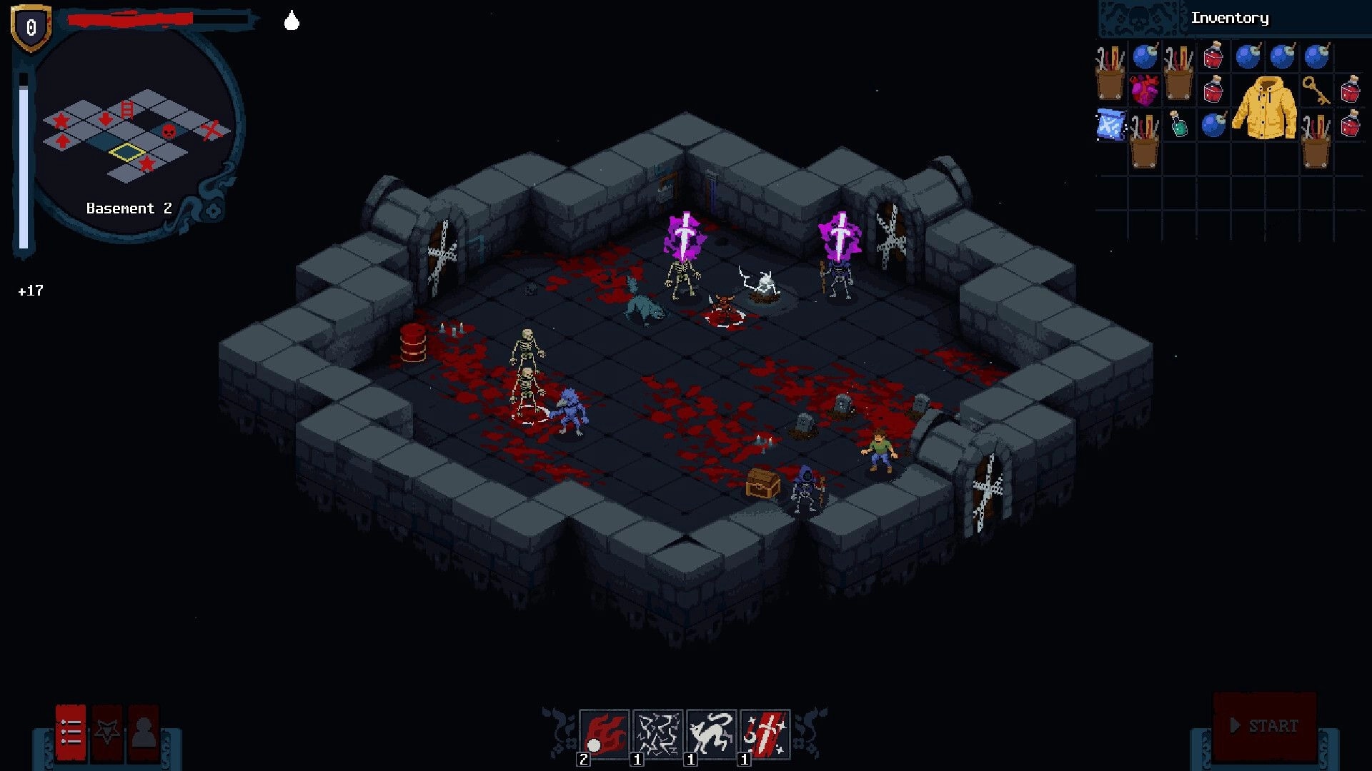 Bad House: Turn-based battle with skeletons and a hero in a bloodstained dungeon room, inventory open.