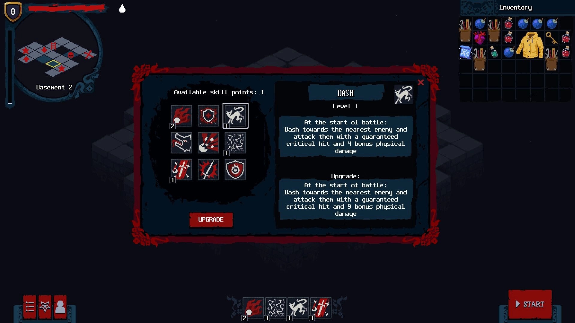 Bad House: Skill upgrade menu highlights Dash Level 1 perk, with Basement 2 map and inventory grid open.