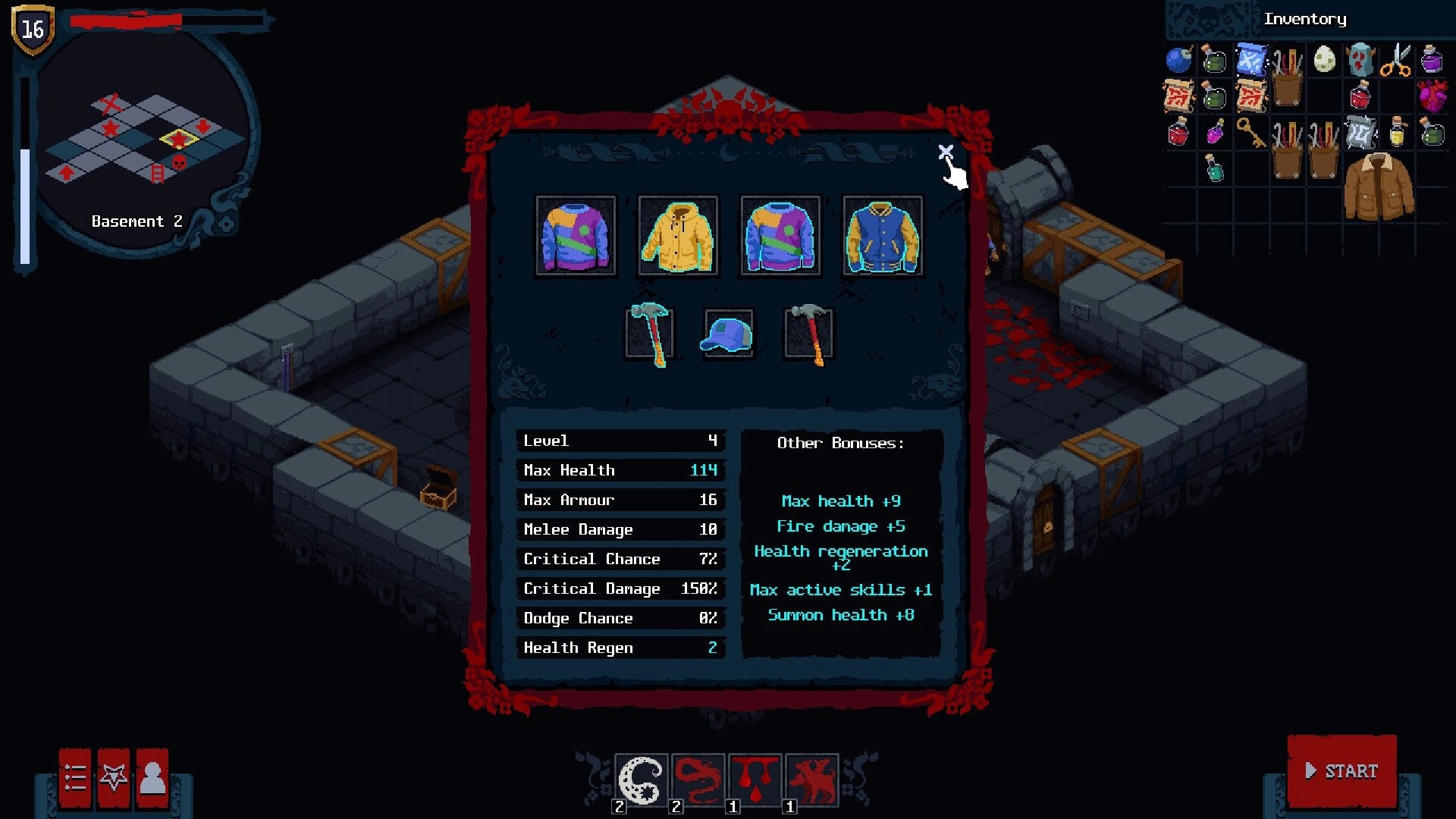 Bad House: Inventory and gear comparison panel over a stone basement room with mini-map and start button.