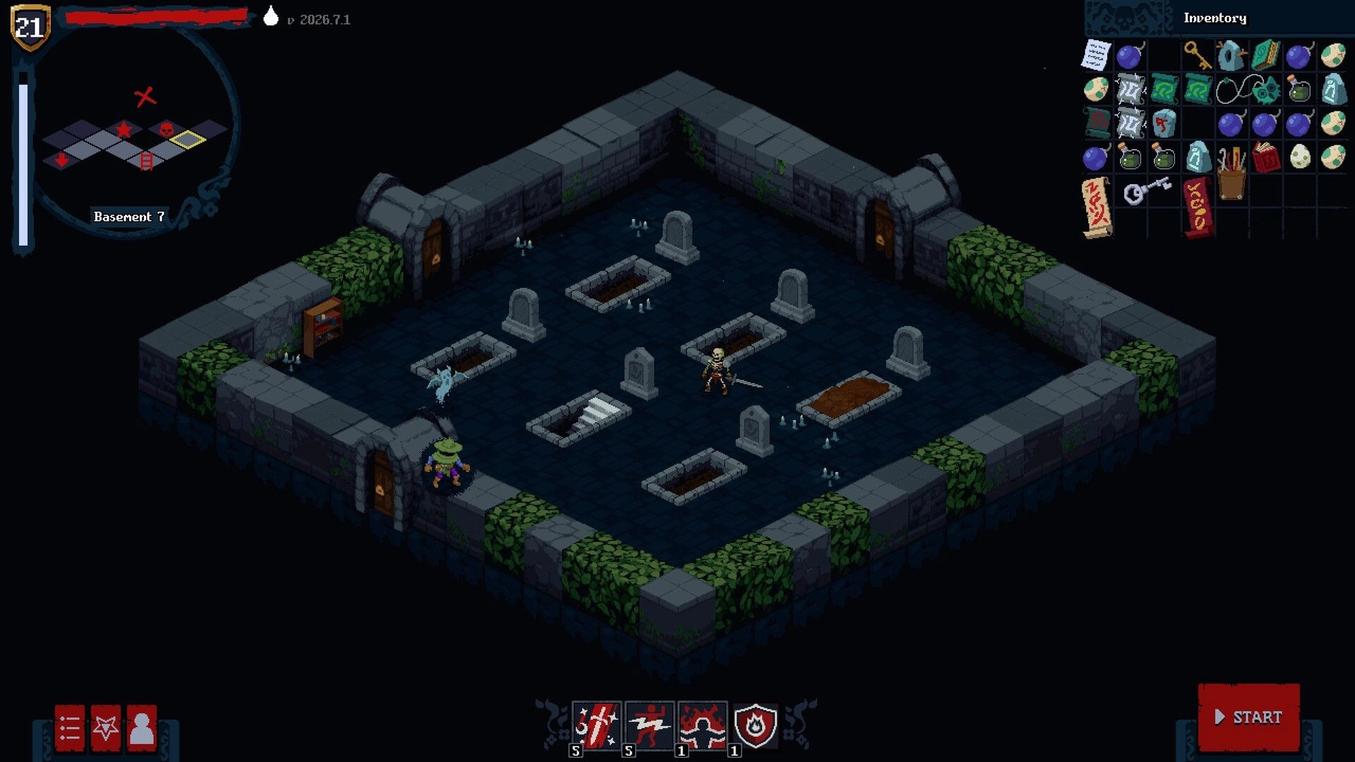 Bad House: Inventory open as a skeleton enemy patrols a candlelit tomb room with graves in Basement 7.
