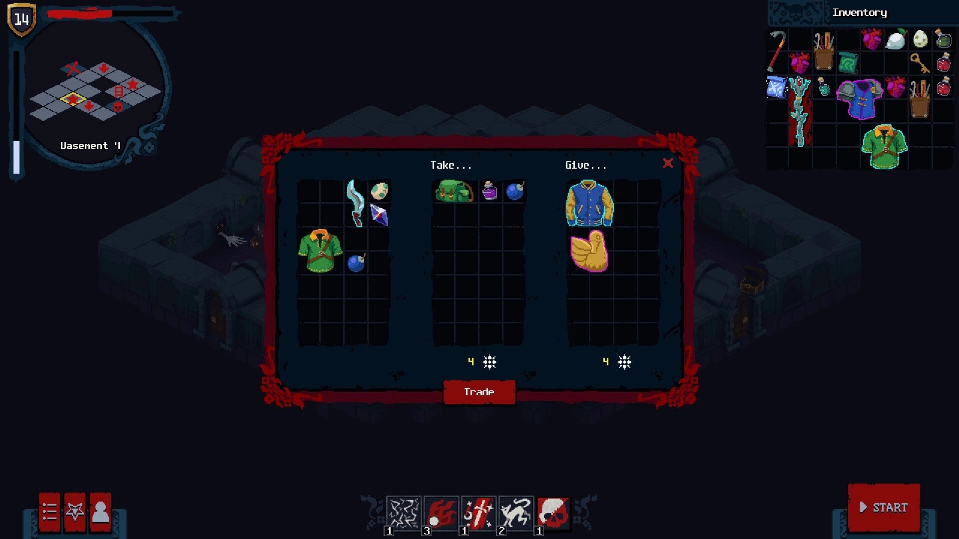 Bad House: Trading interface with Take and Give item grids over a dim Basement 4 room UI.