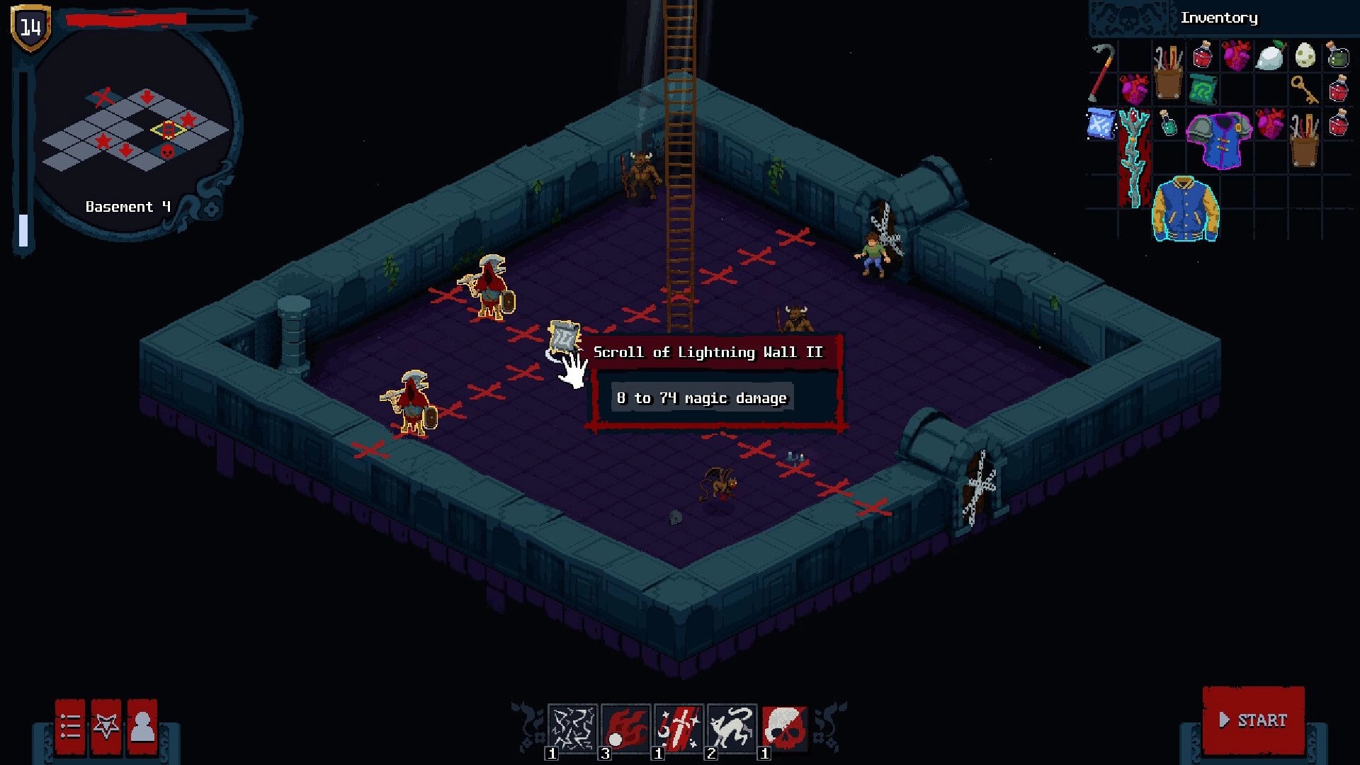 Bad House: Inventory open over Basement 4 grid room, tooltip for Scroll of Lightning Wall II hovered.
