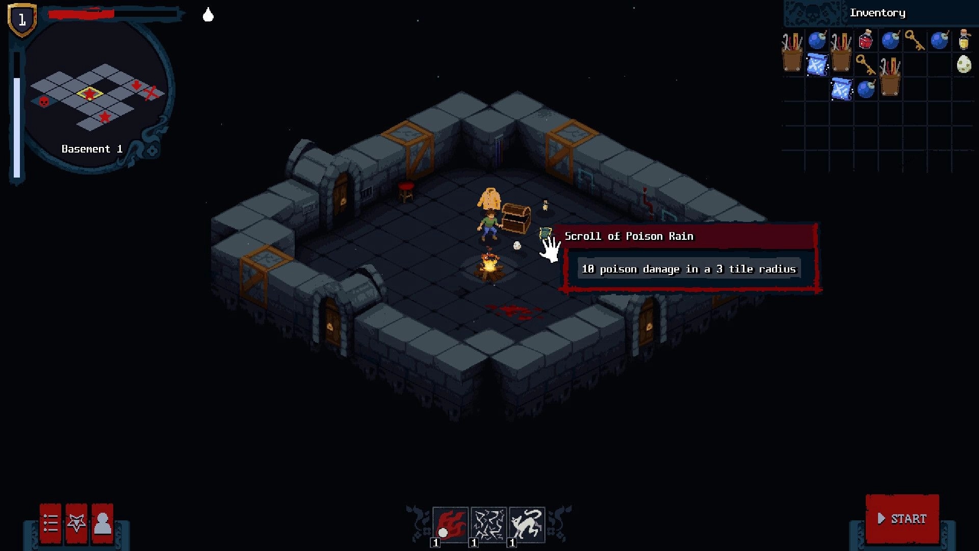 Bad House: Cursor hovers Scroll of Poison Rain beside hero and chest in Basement 1 room with inventory UI.